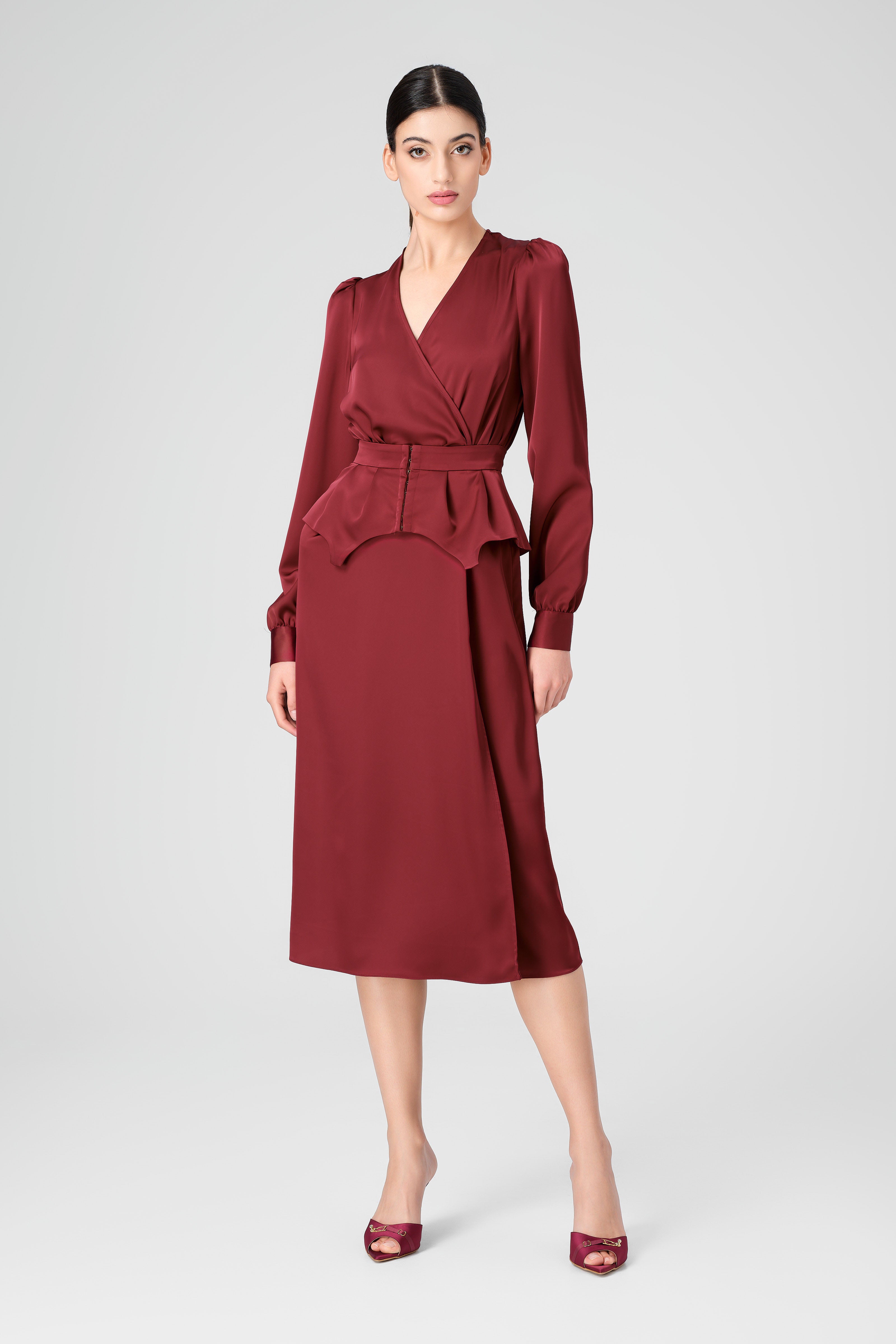 Rochie midi rosu burgund cu corset integrat Fold