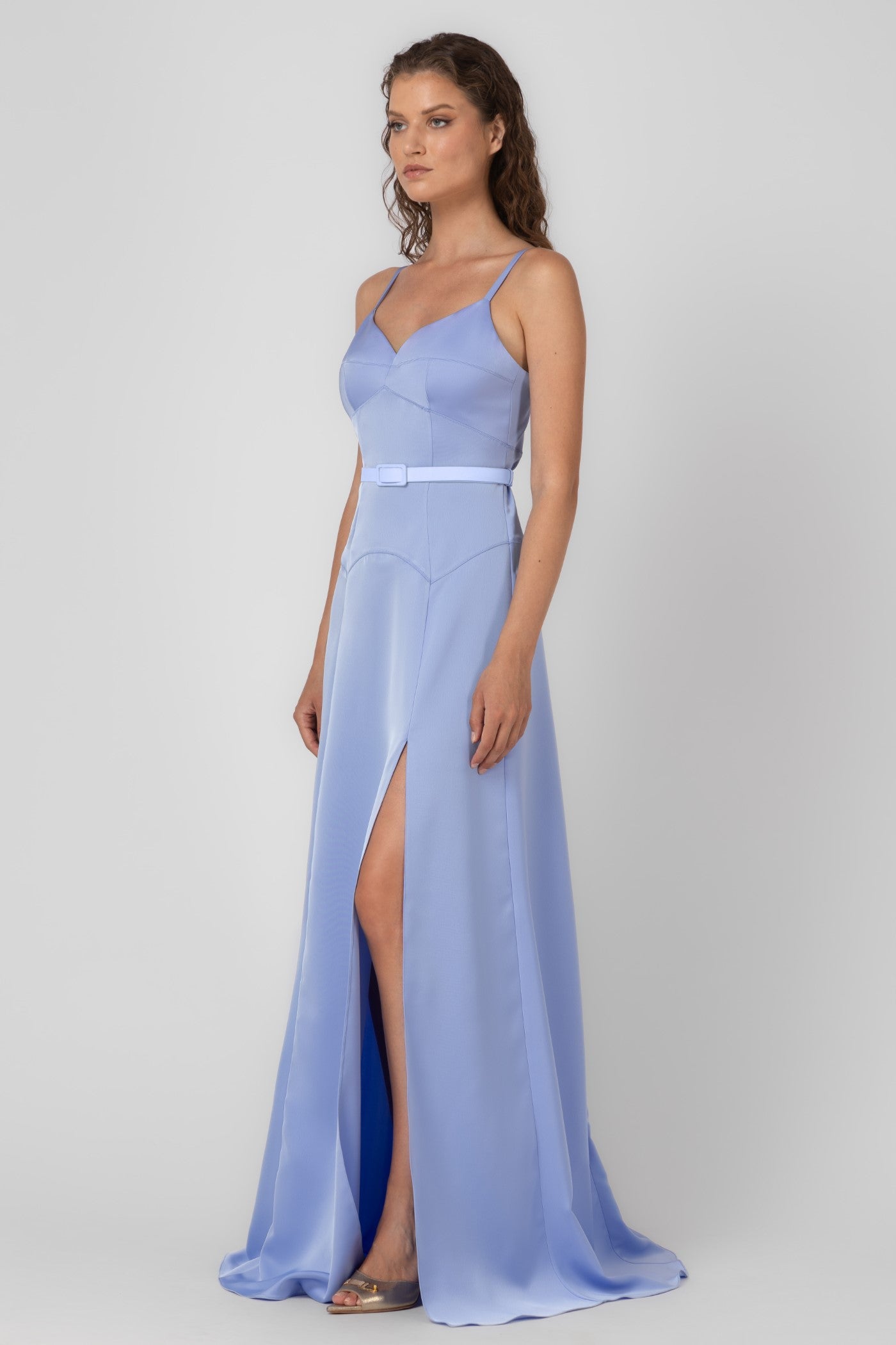 Rochie lunga albastru deschis din satin Blossom