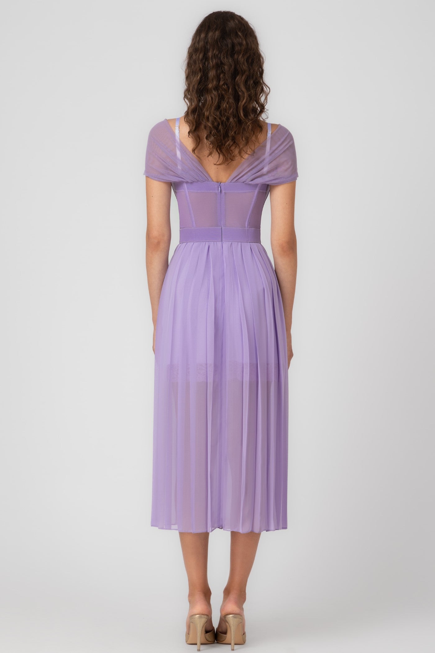 Rochie lavanda din satin si voal plisat Utility