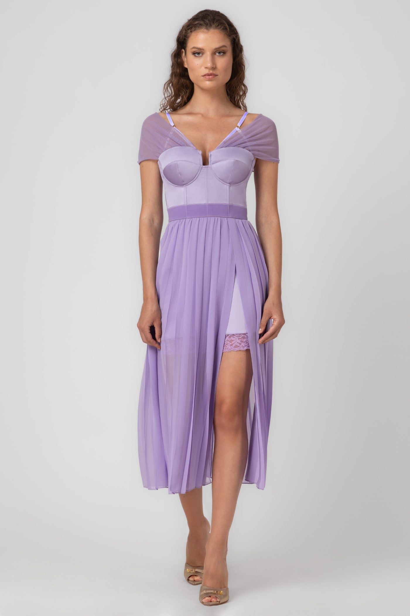 Rochie lavanda din satin si voal plisat Utility
