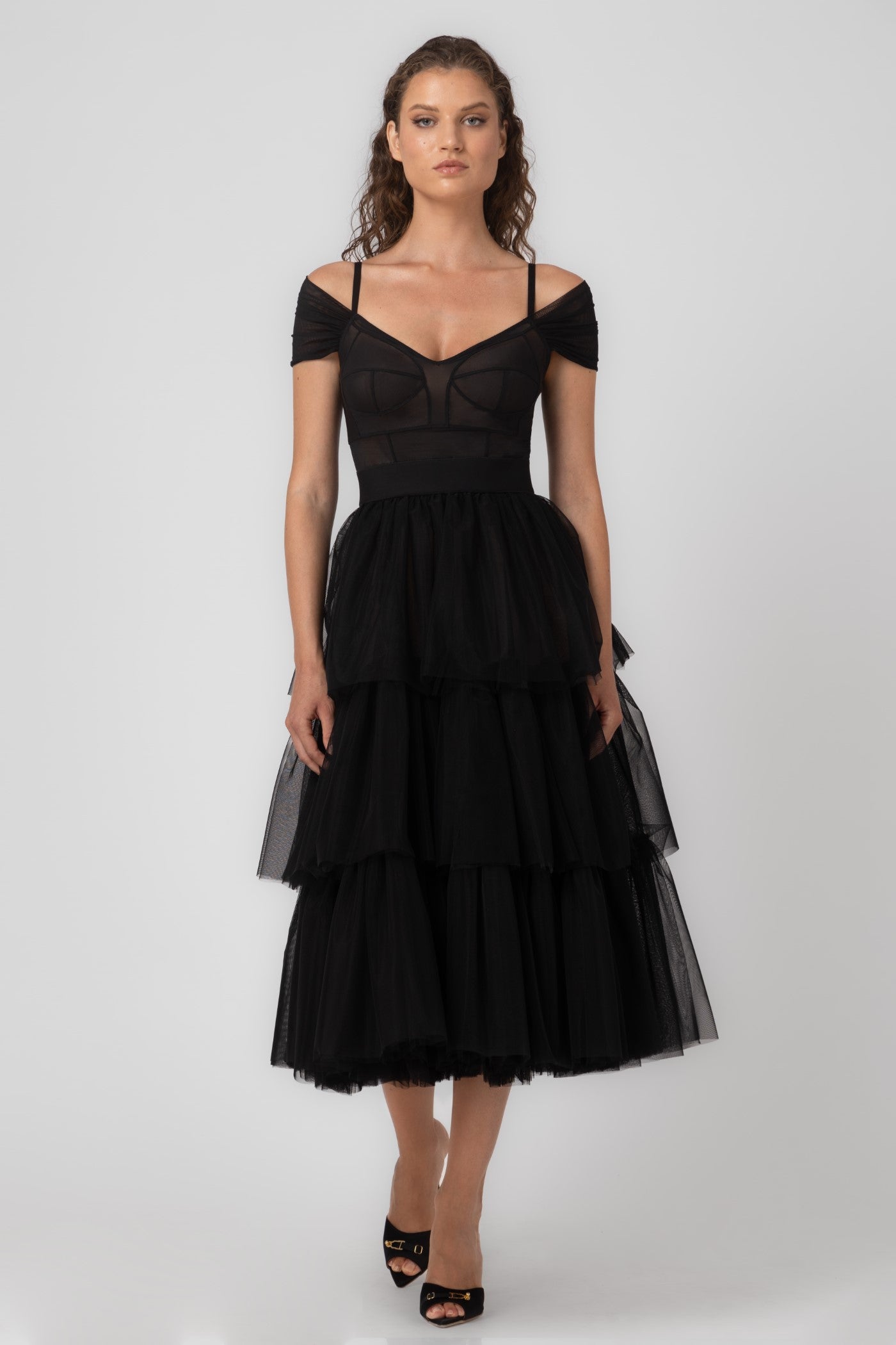 Rochie midi neagra din tul Sculpt Ruffle