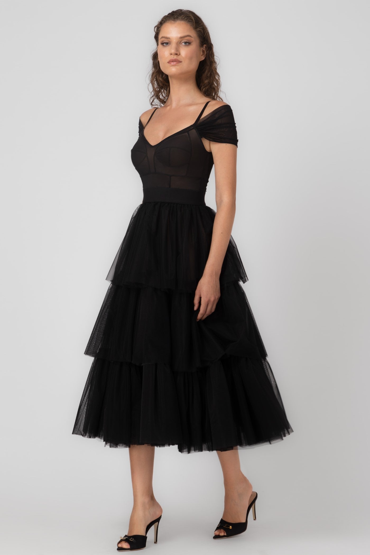 Rochie midi neagra din tul Sculpt Ruffle