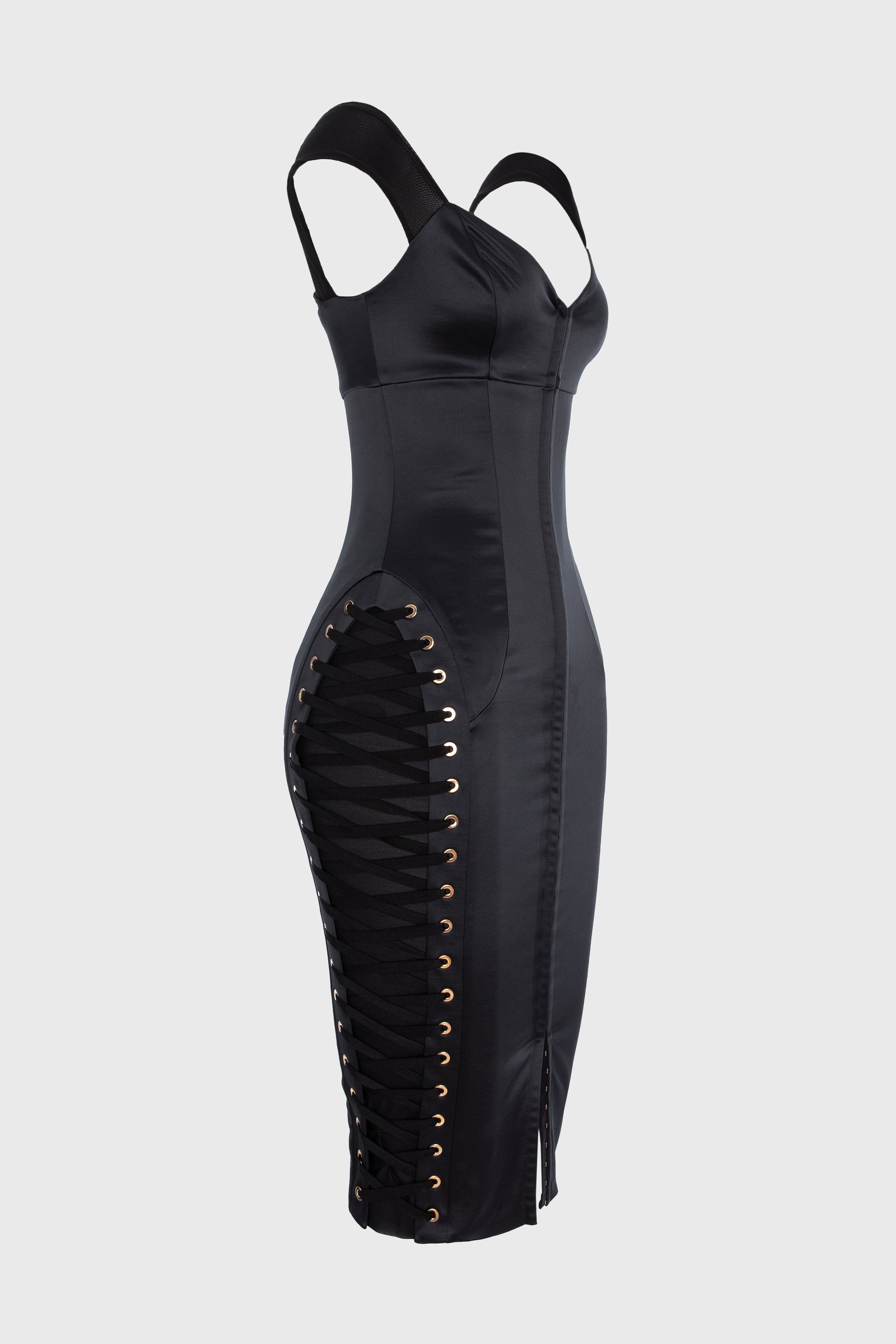 Rochie neagra din satin cu insiretare Blackcherry