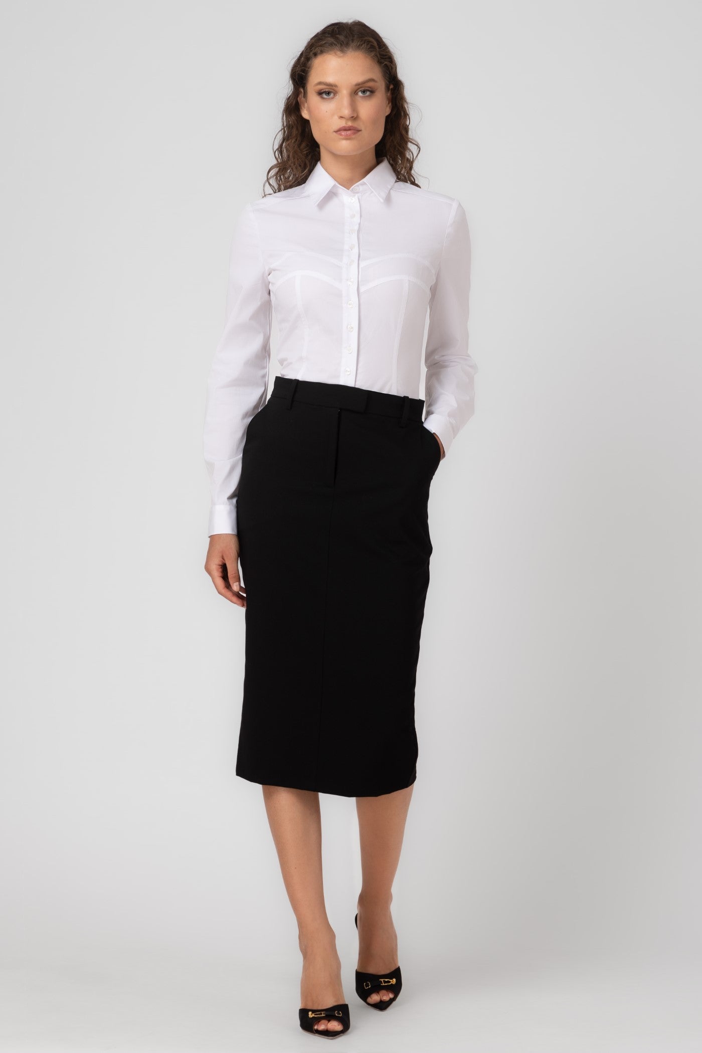 Fusta midi neagra clasica cu buzunare Formal