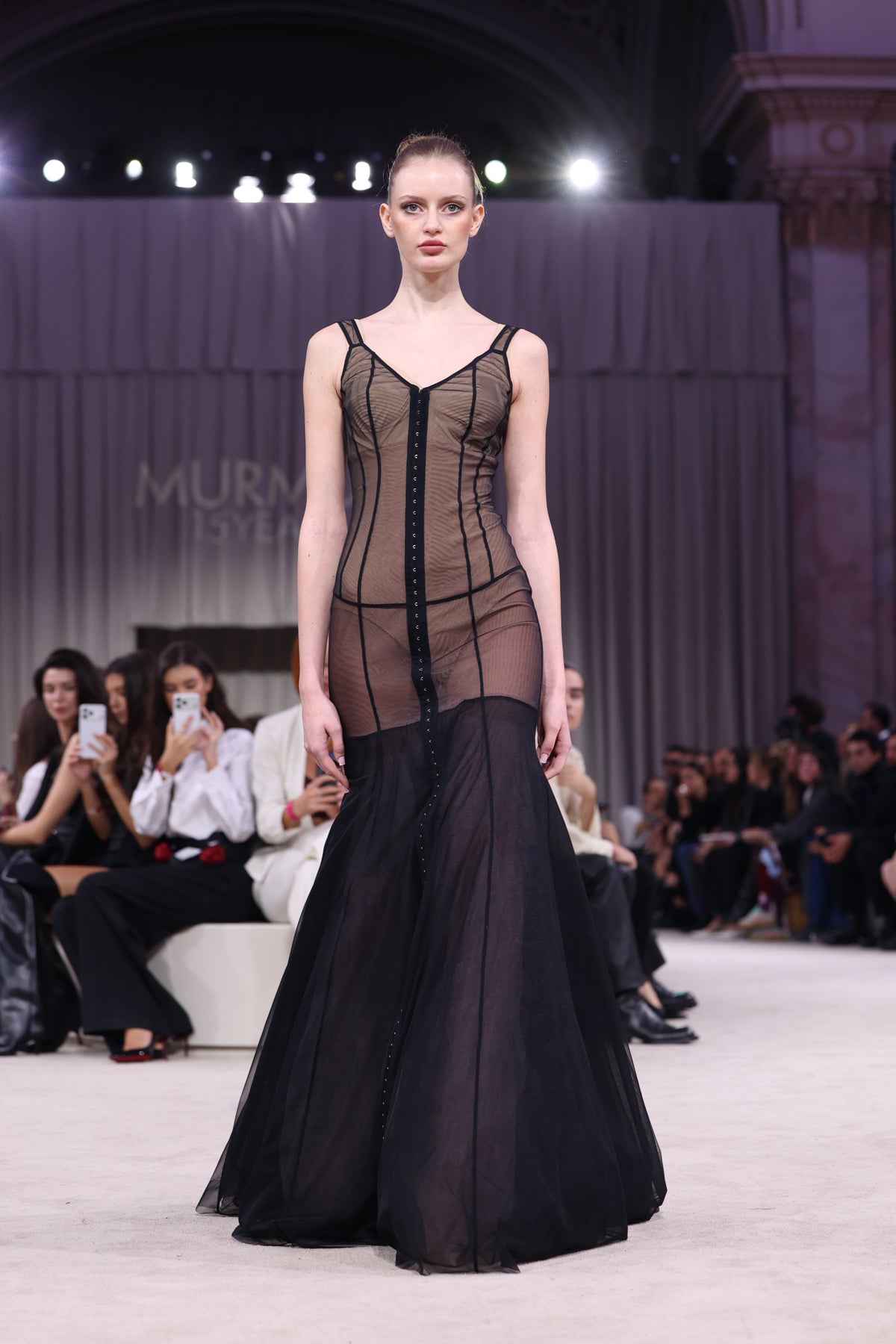 Tribute String sheer long dress with bodysuit and mesh underskirt
