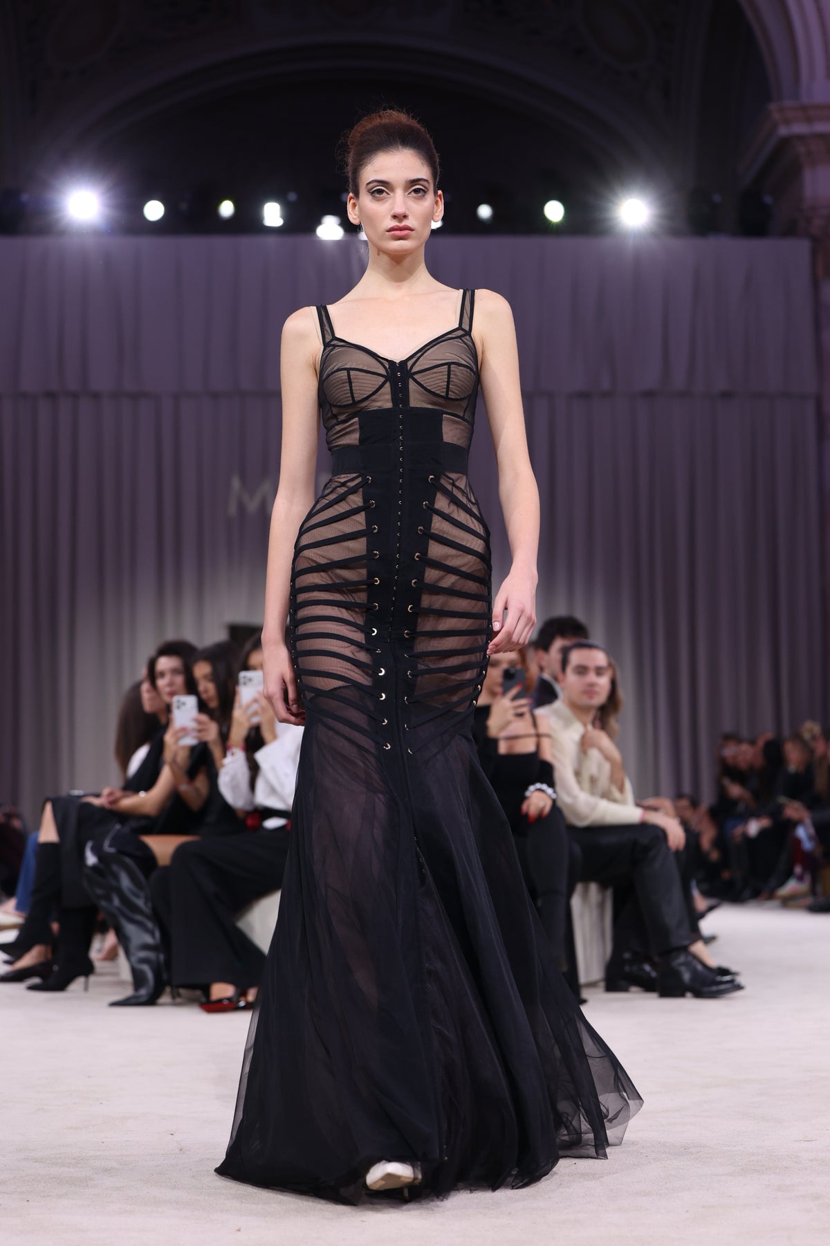 Tribute Zest sheer long dress with bodysuit and mesh underskirt