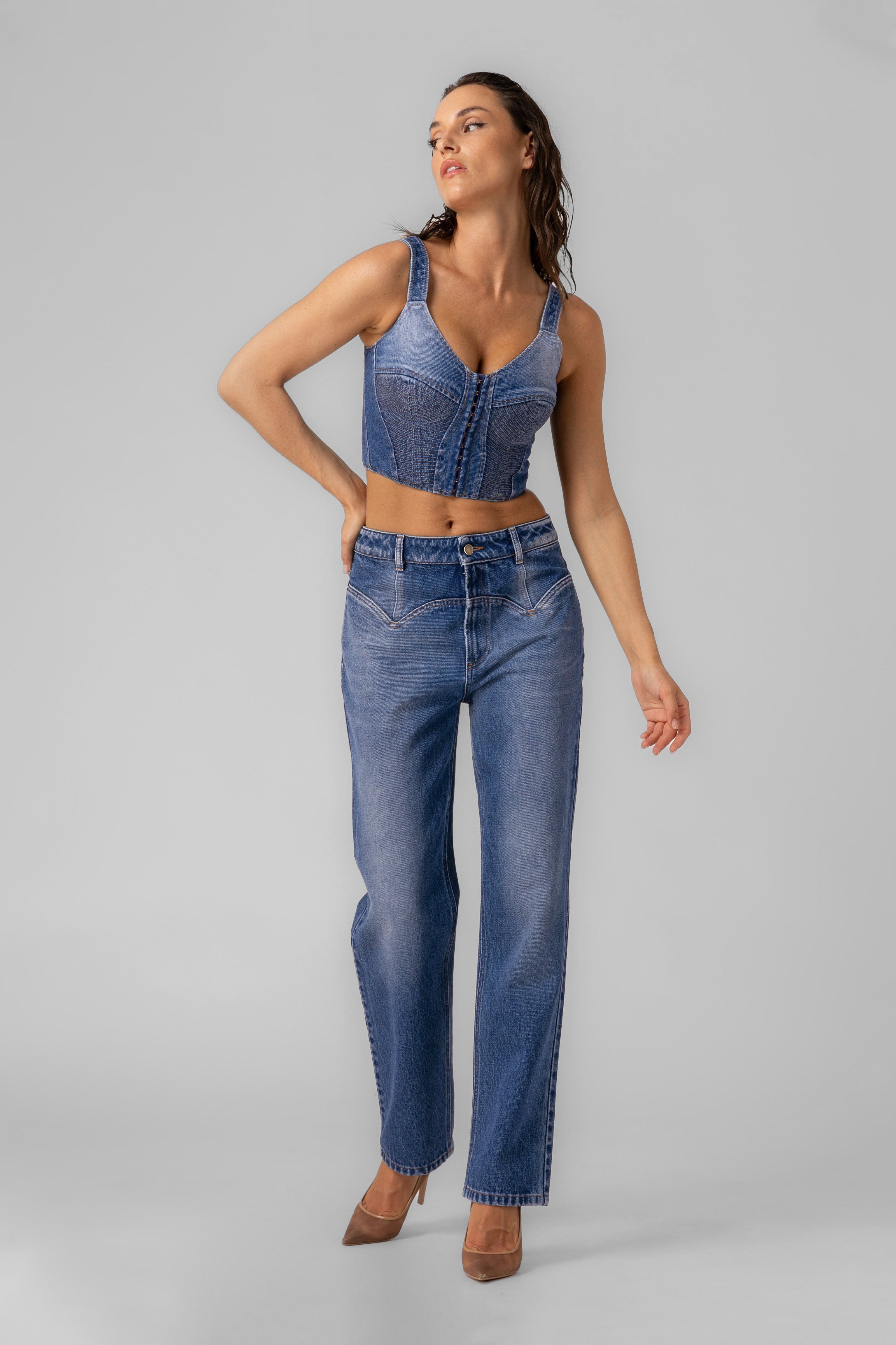 Top albastru din denim Corset