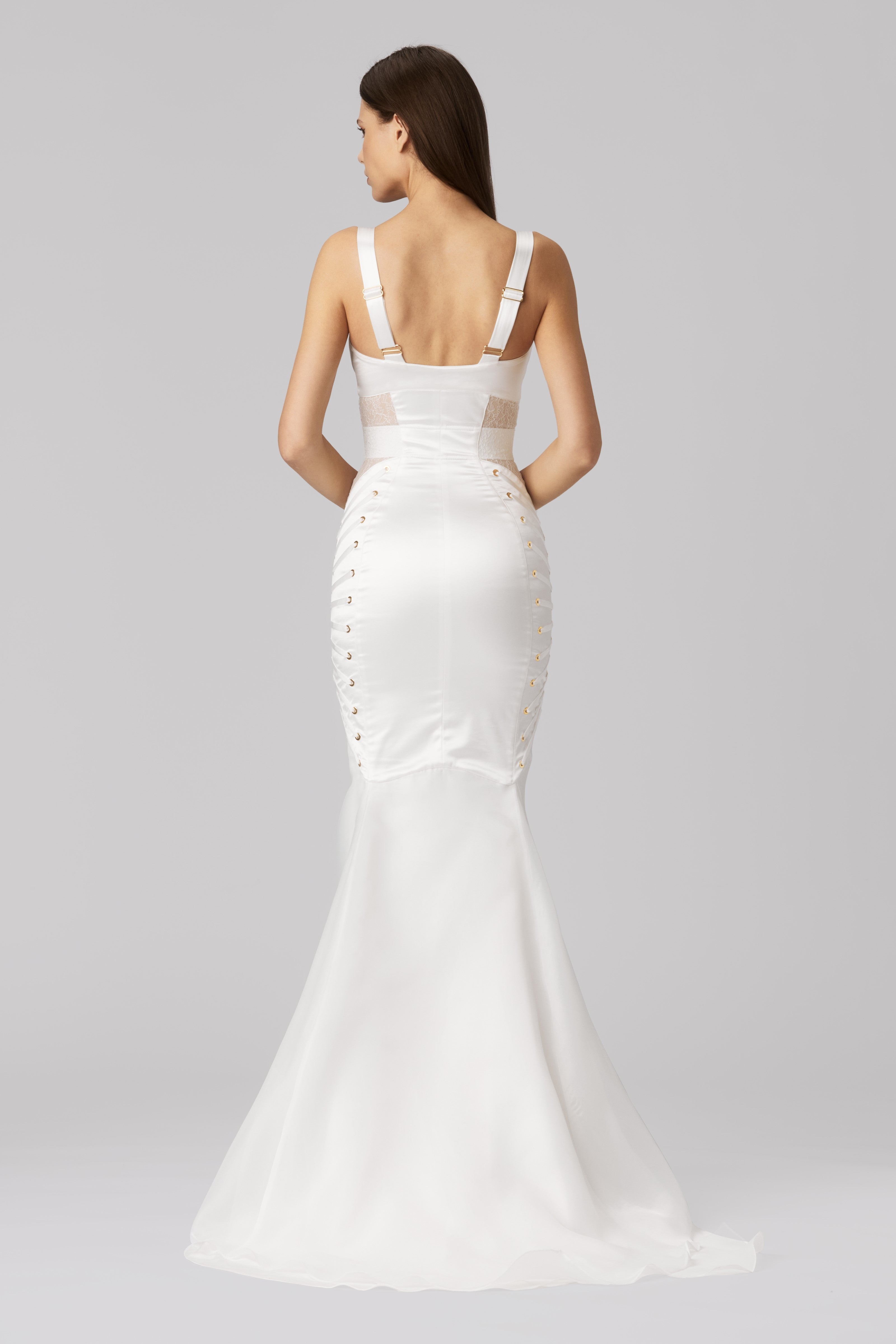 Rochie lunga alba din satin si dantela Zest