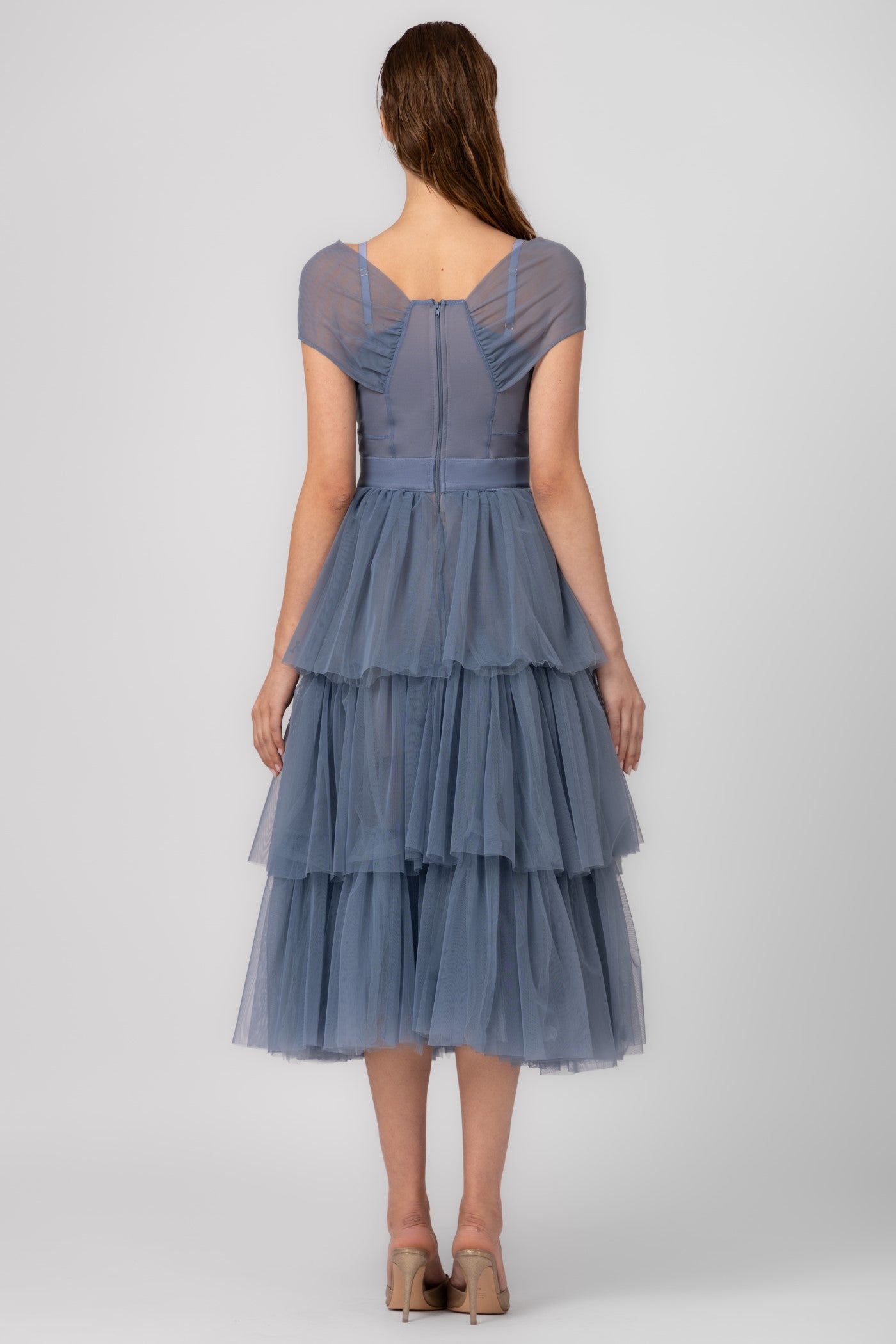 Rochie midi albastru deschis din tul Sculpt Ruffle