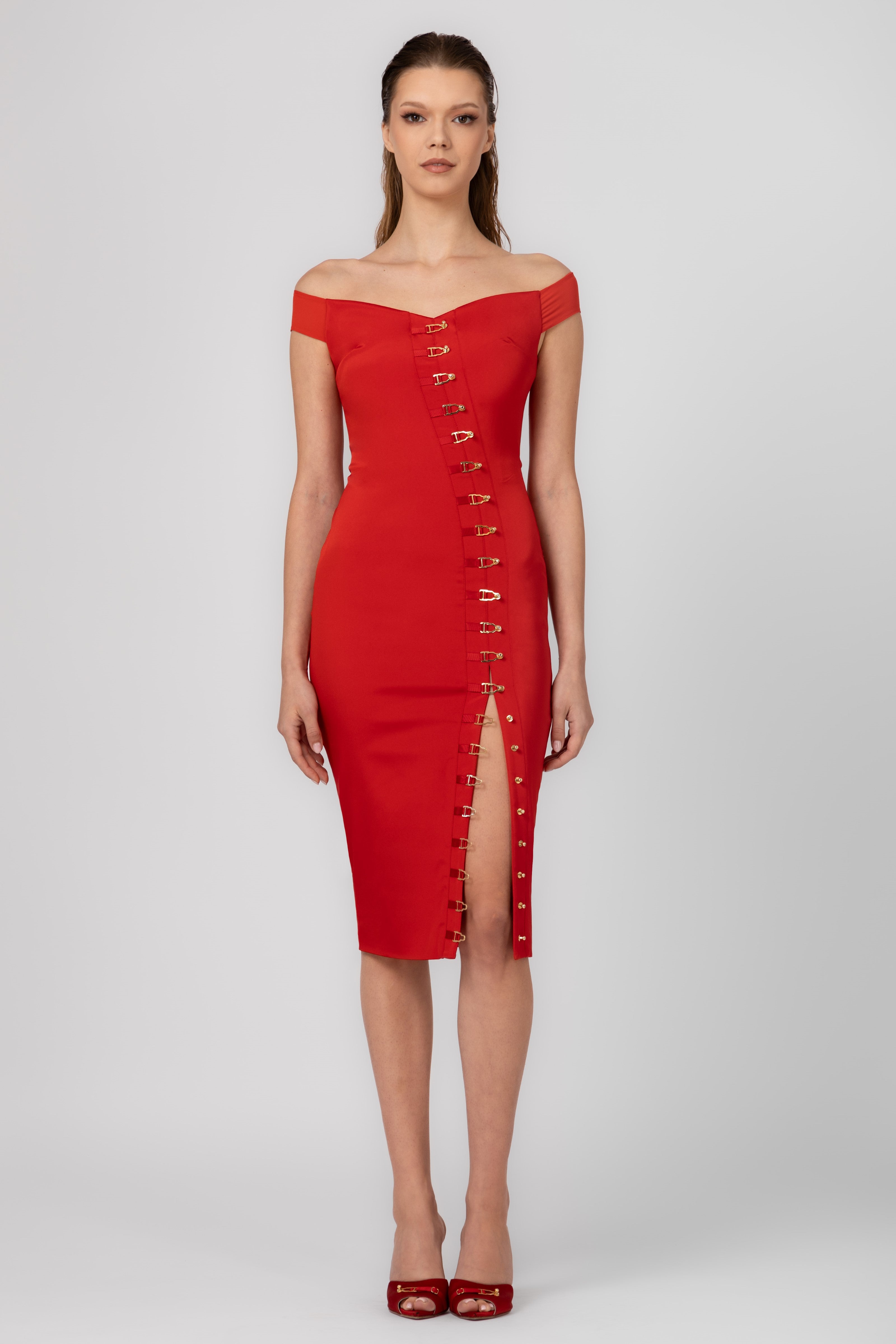 Rochie rosie mulata cu decolteu Ivy
