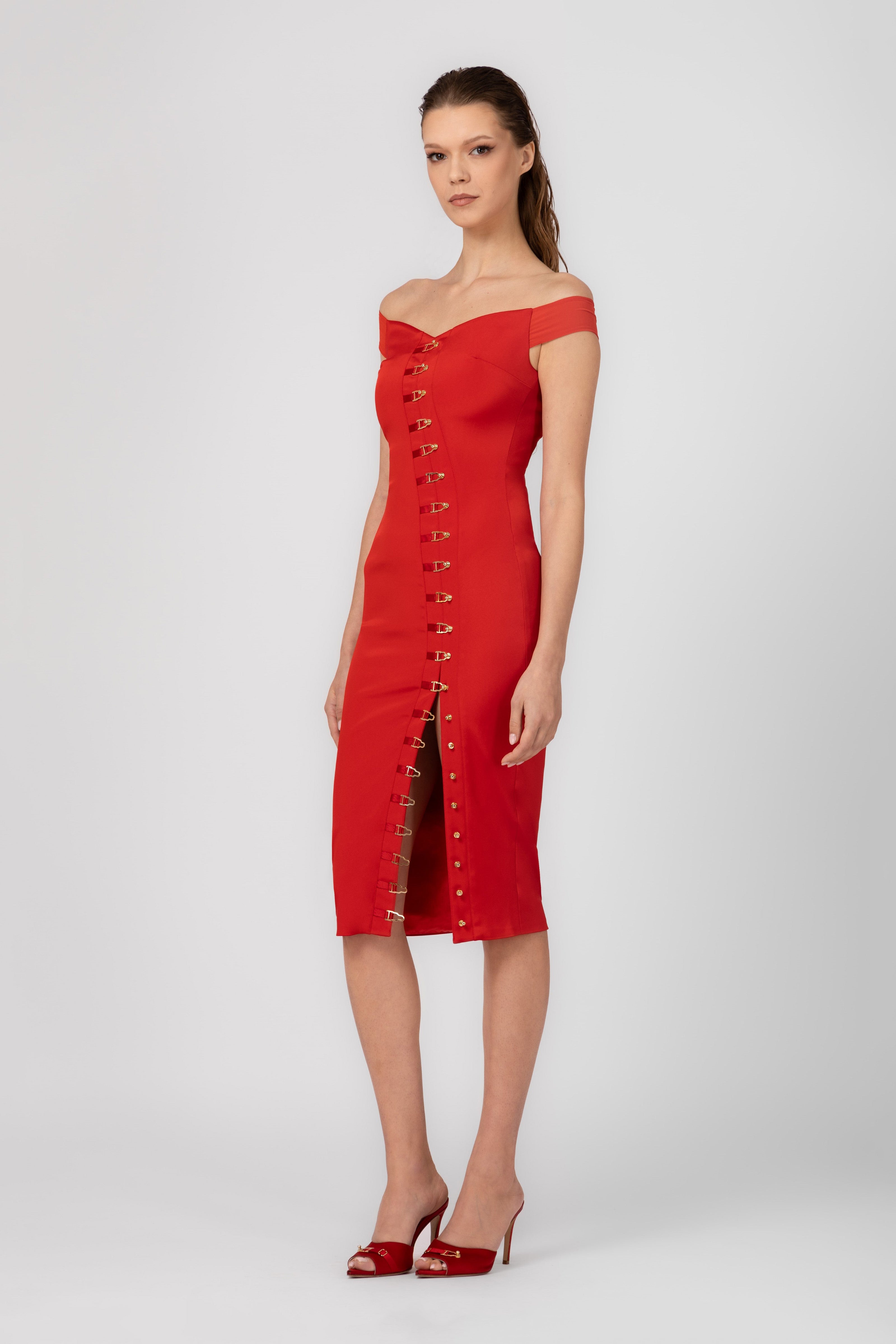 Rochie rosie mulata cu decolteu Ivy