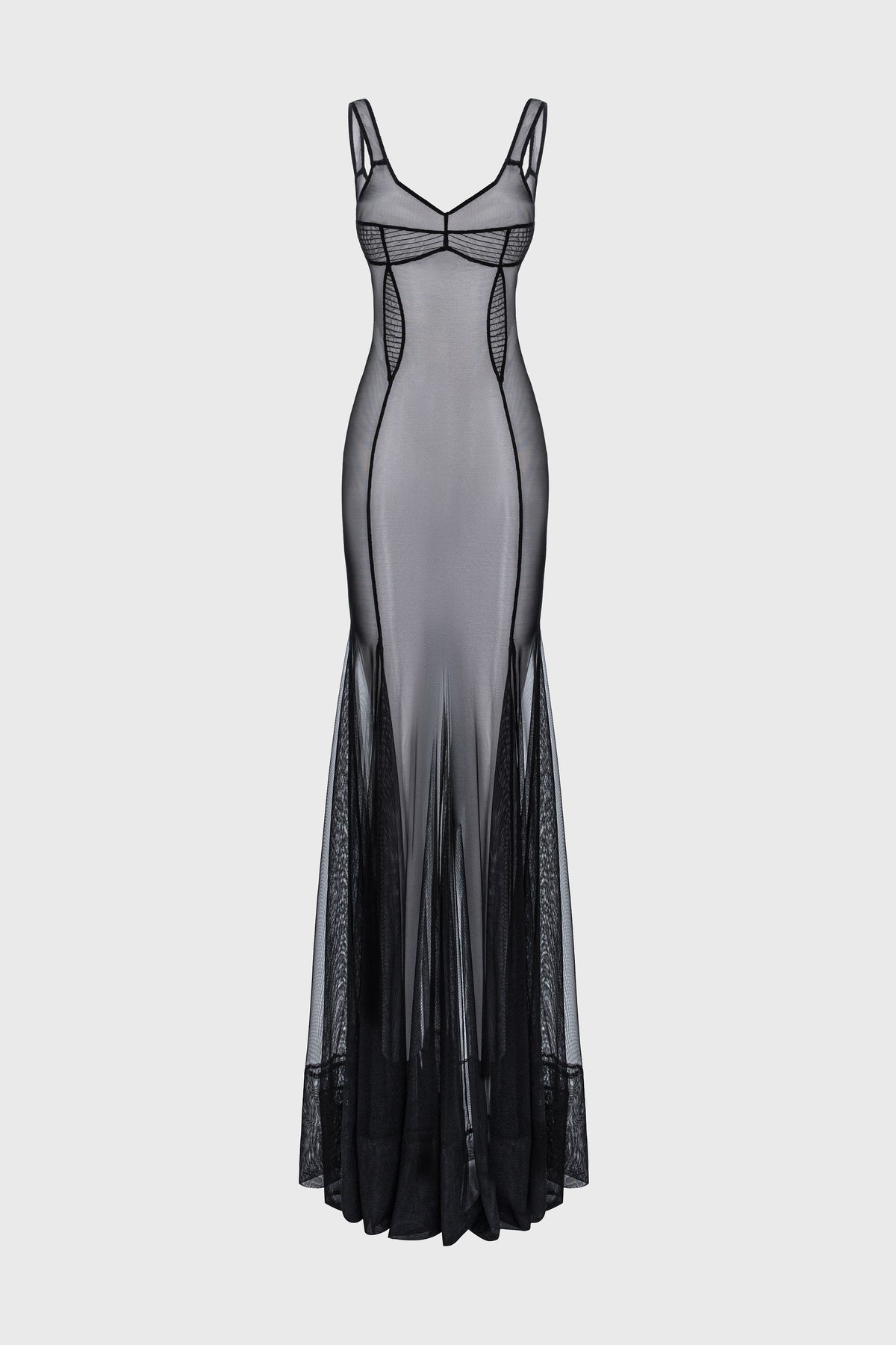 Tribute Haze sheer long dress with bodysuit and mesh underskirt