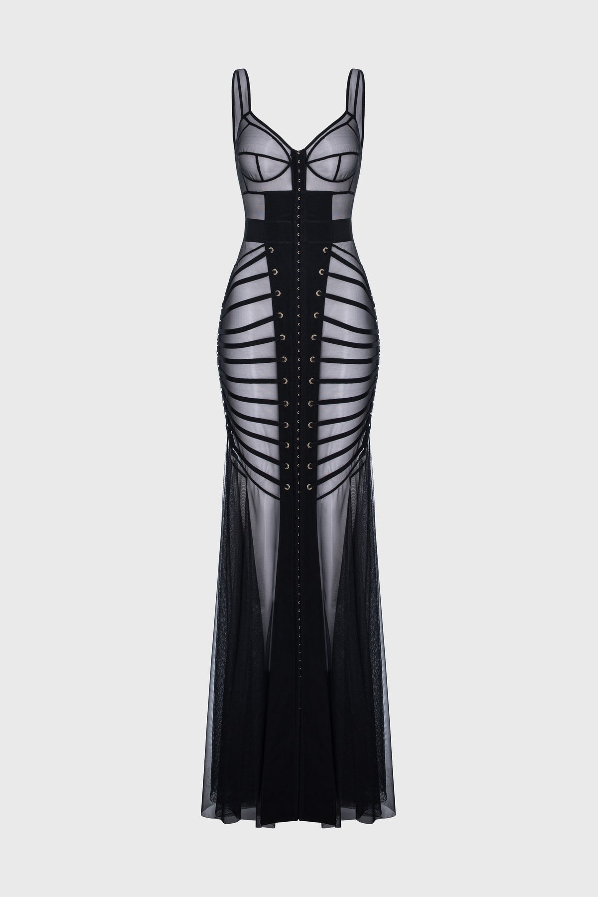 Tribute Zest sheer long dress with bodysuit and mesh underskirt