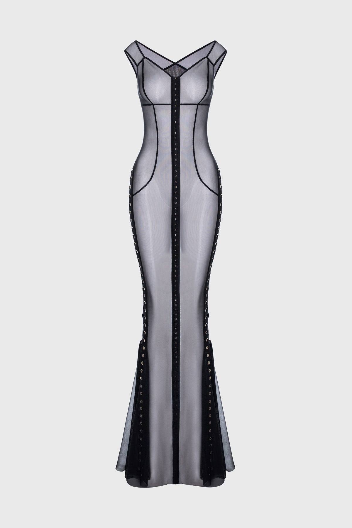Tribute Blackcherry sheer long dress with bodysuit and mesh underskirt