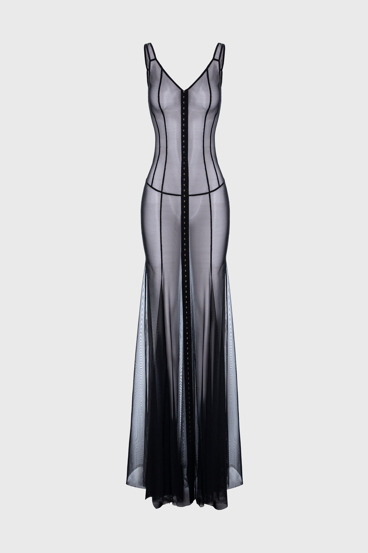 Tribute String sheer long dress with bodysuit and mesh underskirt
