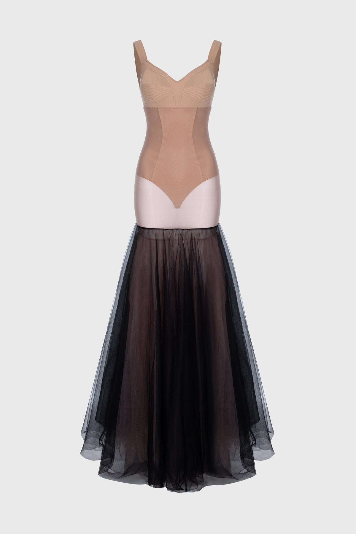 Tribute Blackcherry sheer long dress with bodysuit and mesh underskirt