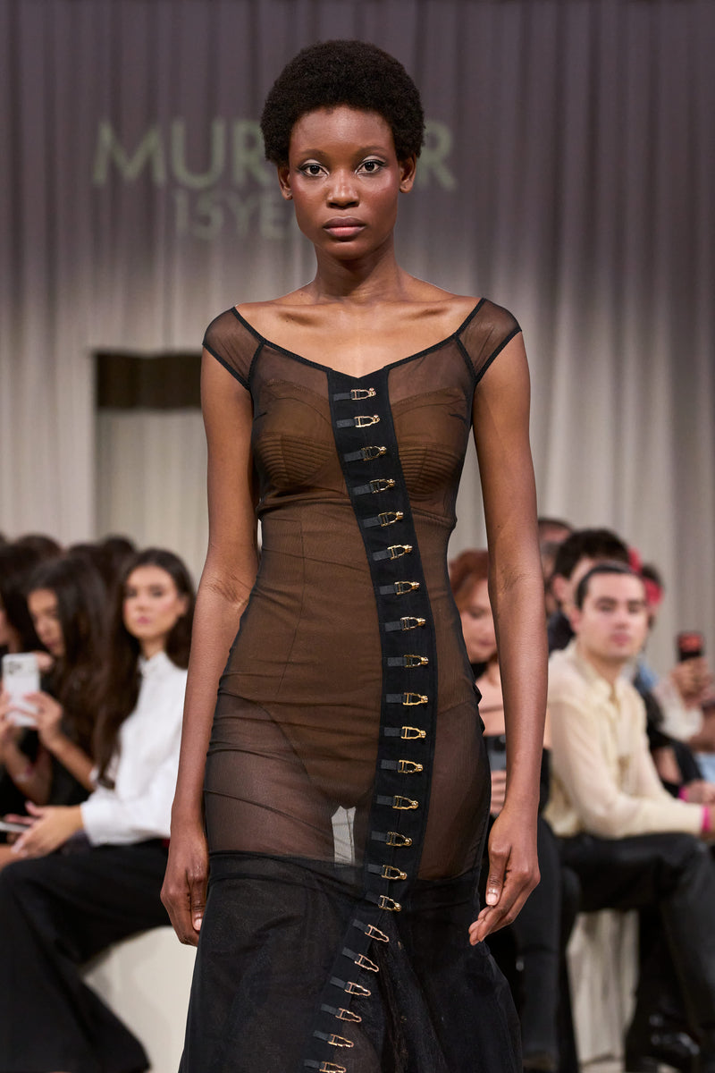 Tribute Ivy sheer long dress with bodysuit and mesh underskirt