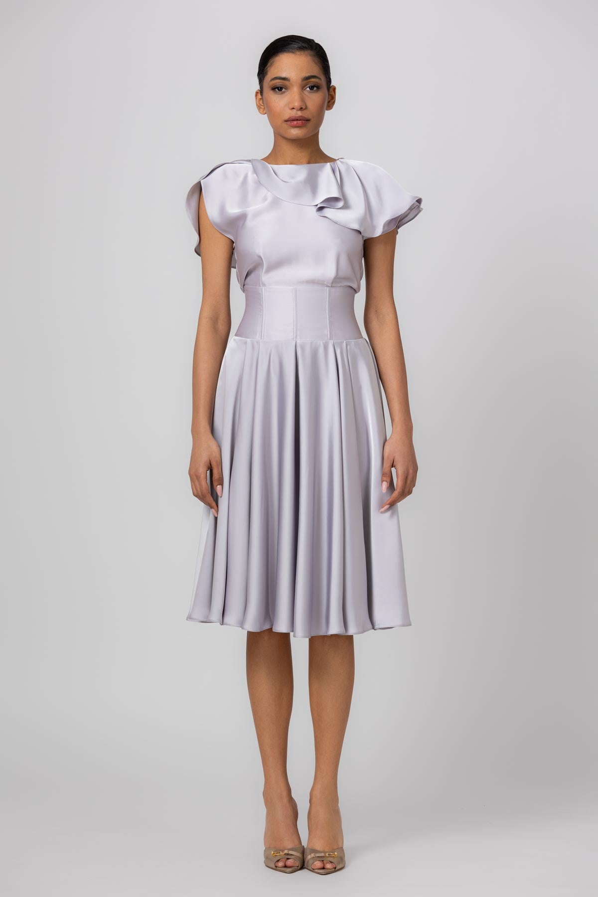 Rochie gri midi din satin premium Flap