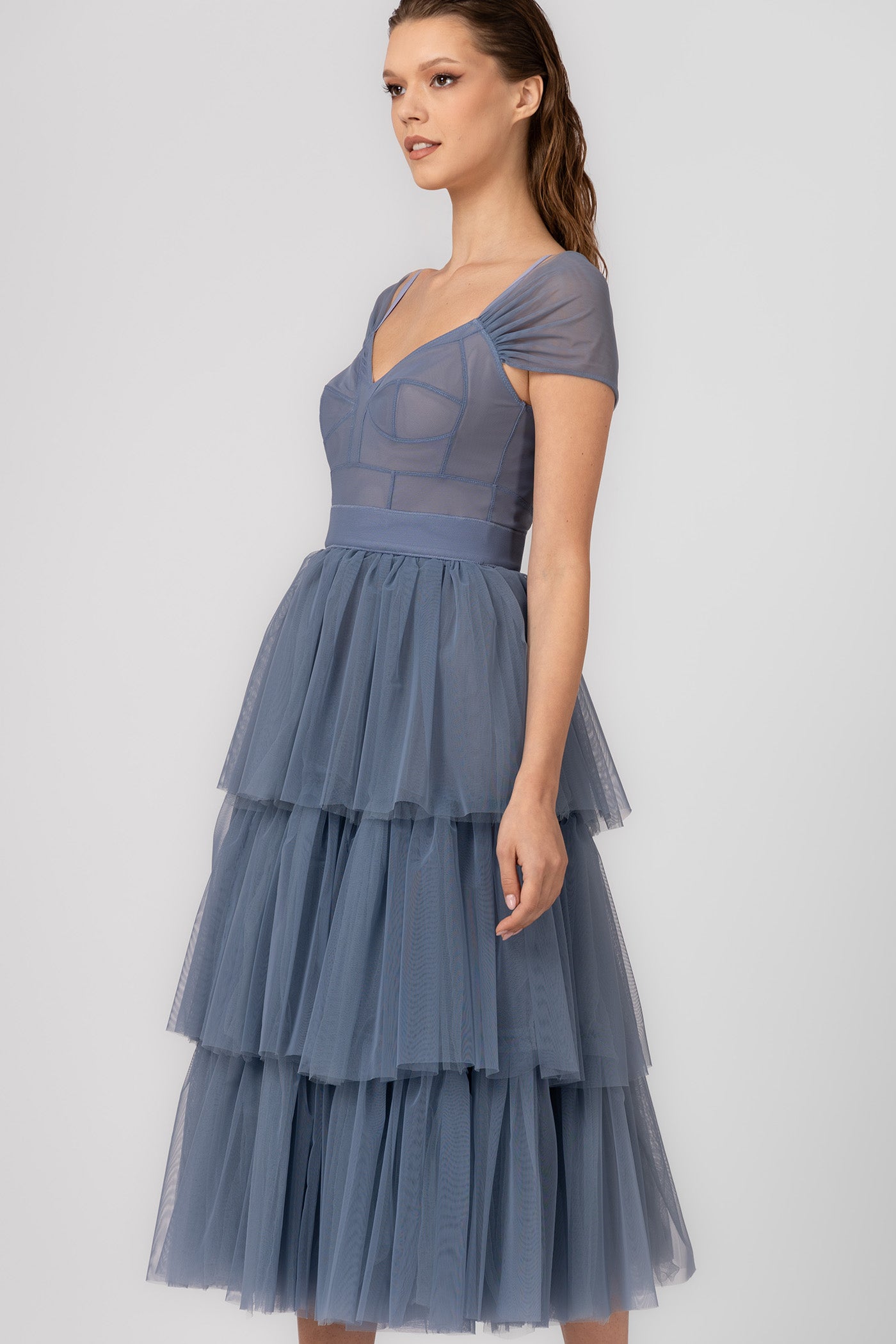 Rochie midi albastru deschis din tul Sculpt Ruffle
