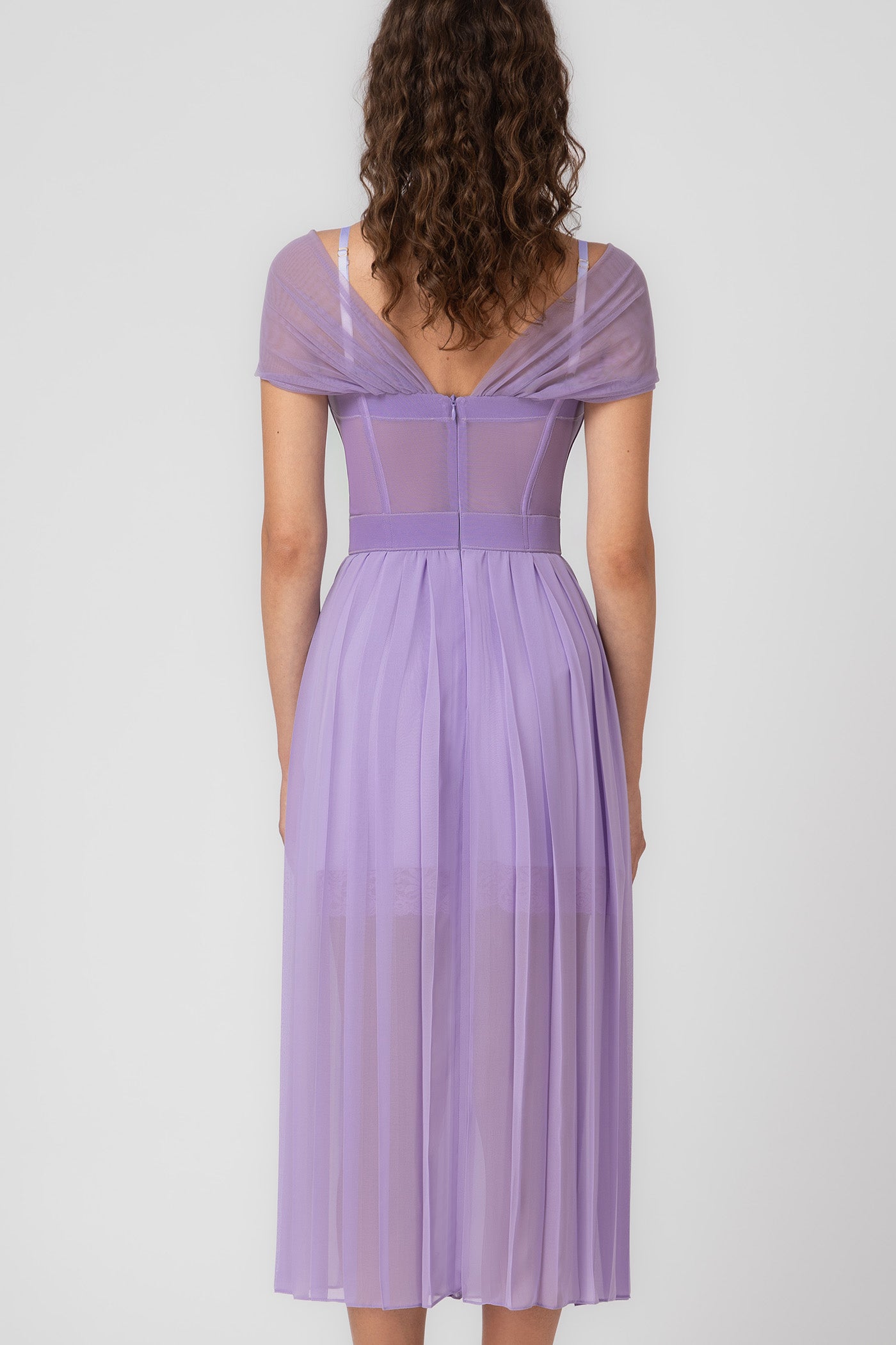 Rochie lavanda din satin si voal plisat Utility