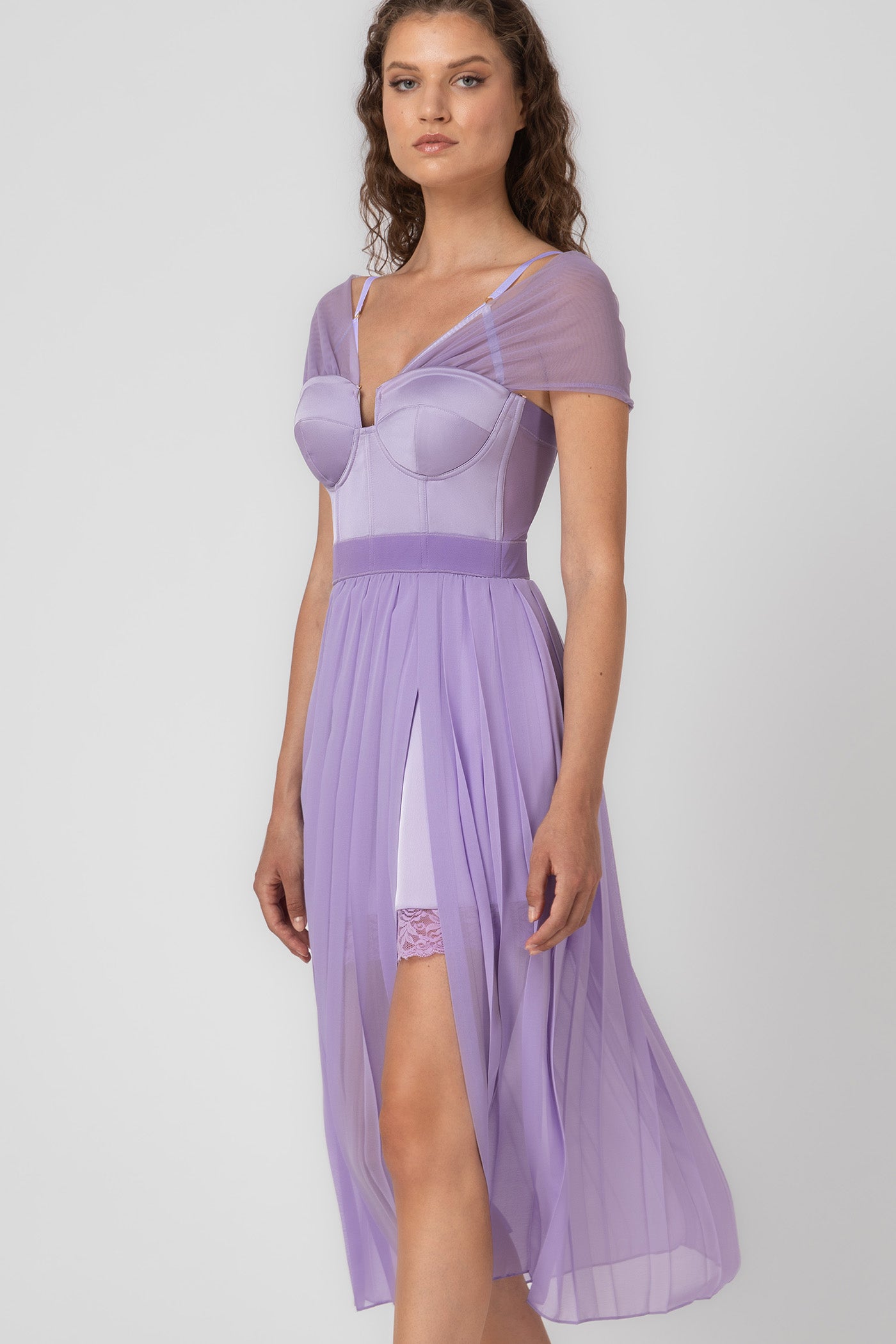 Rochie lavanda din satin si voal plisat Utility