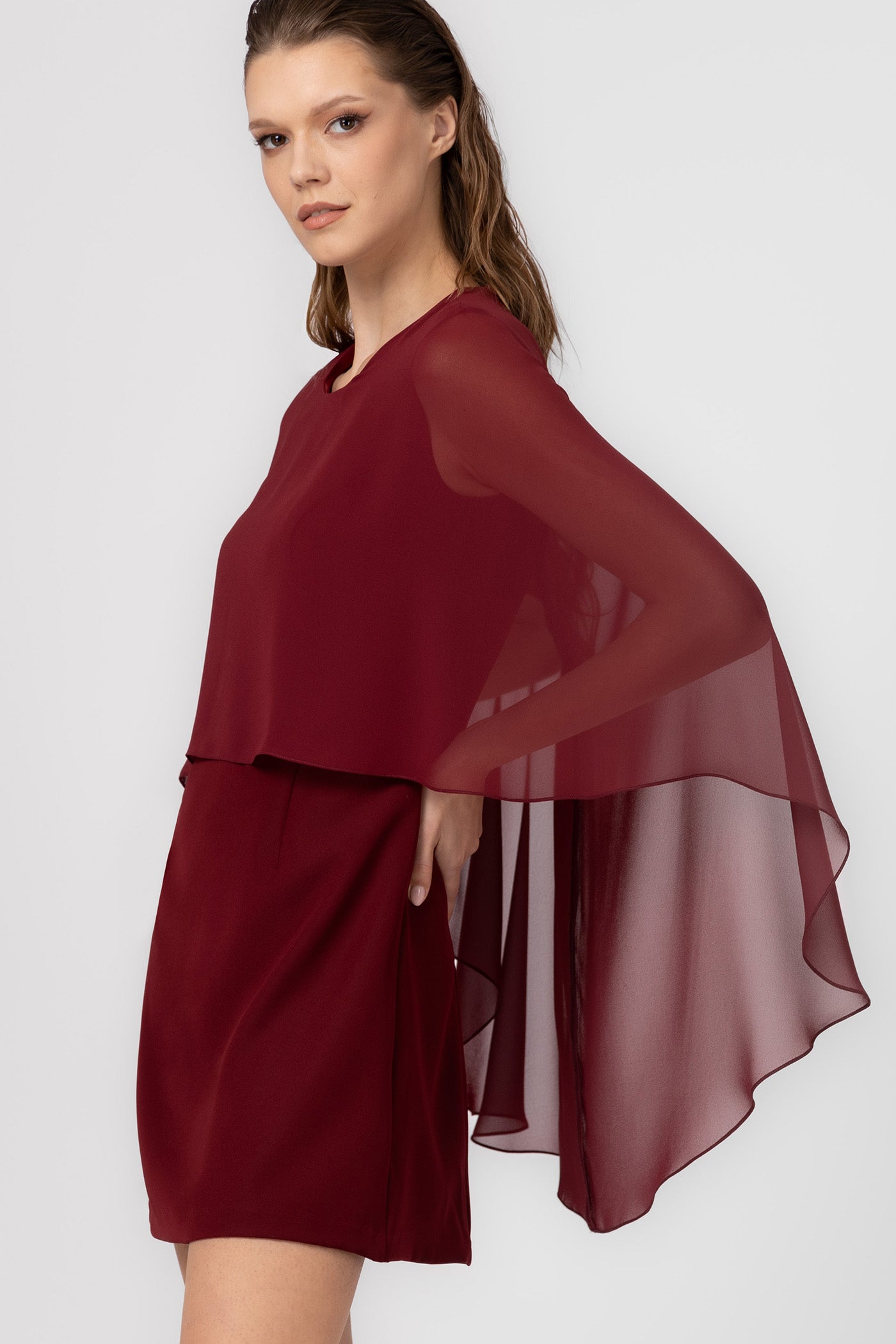 Dark red midi dress with Veil cape