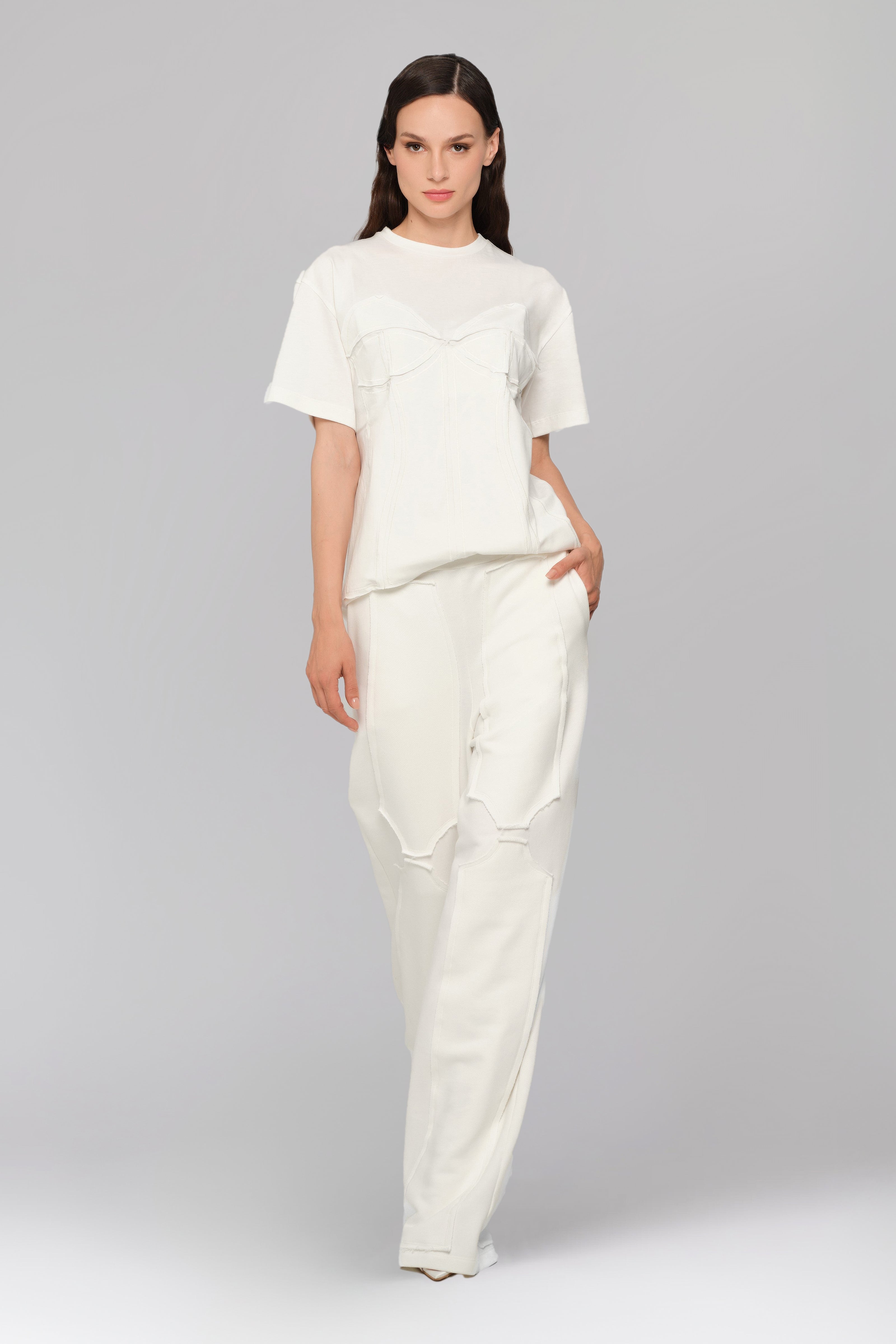 Pantaloni albi din bumbac si modal Deconstructed