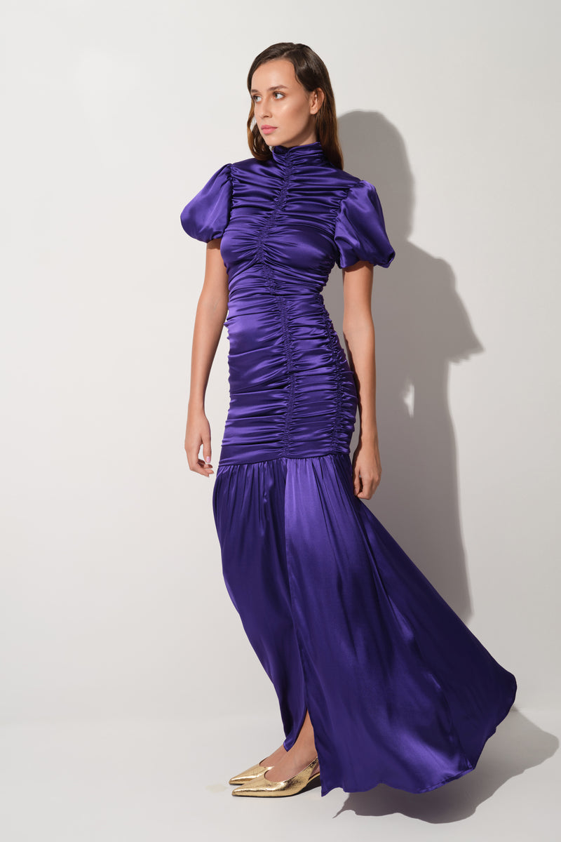 Ruched Silk Long Dress Purple