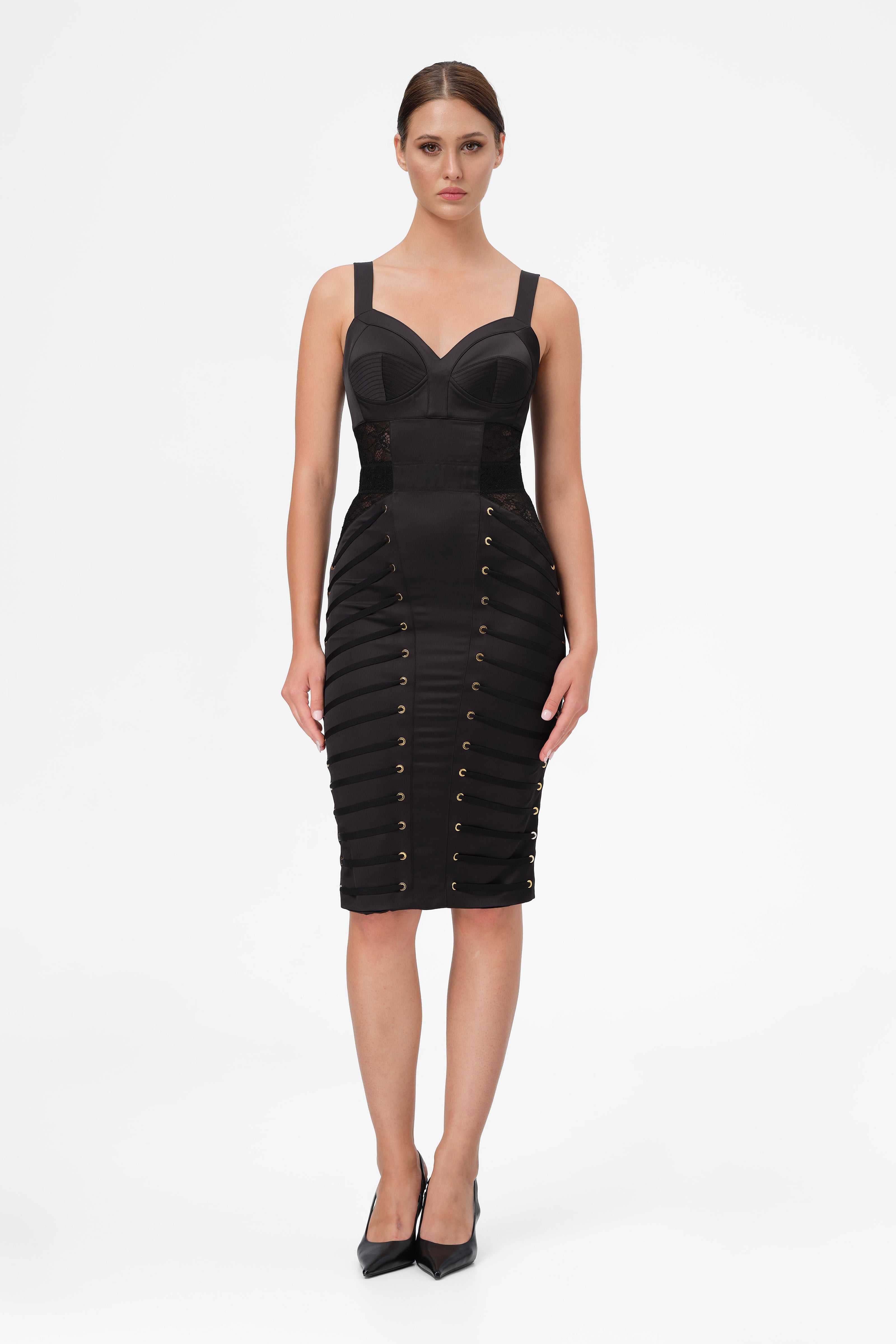 Rochie neagra midi din satin si dantela Zest