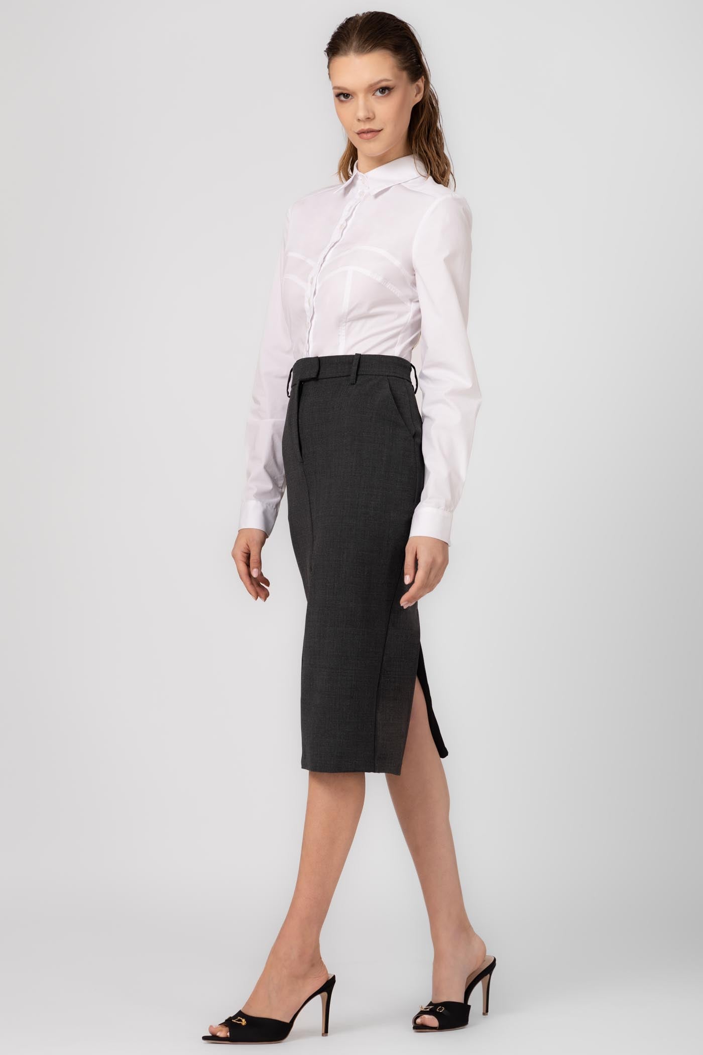 Fusta midi gri clasica din lana Formal