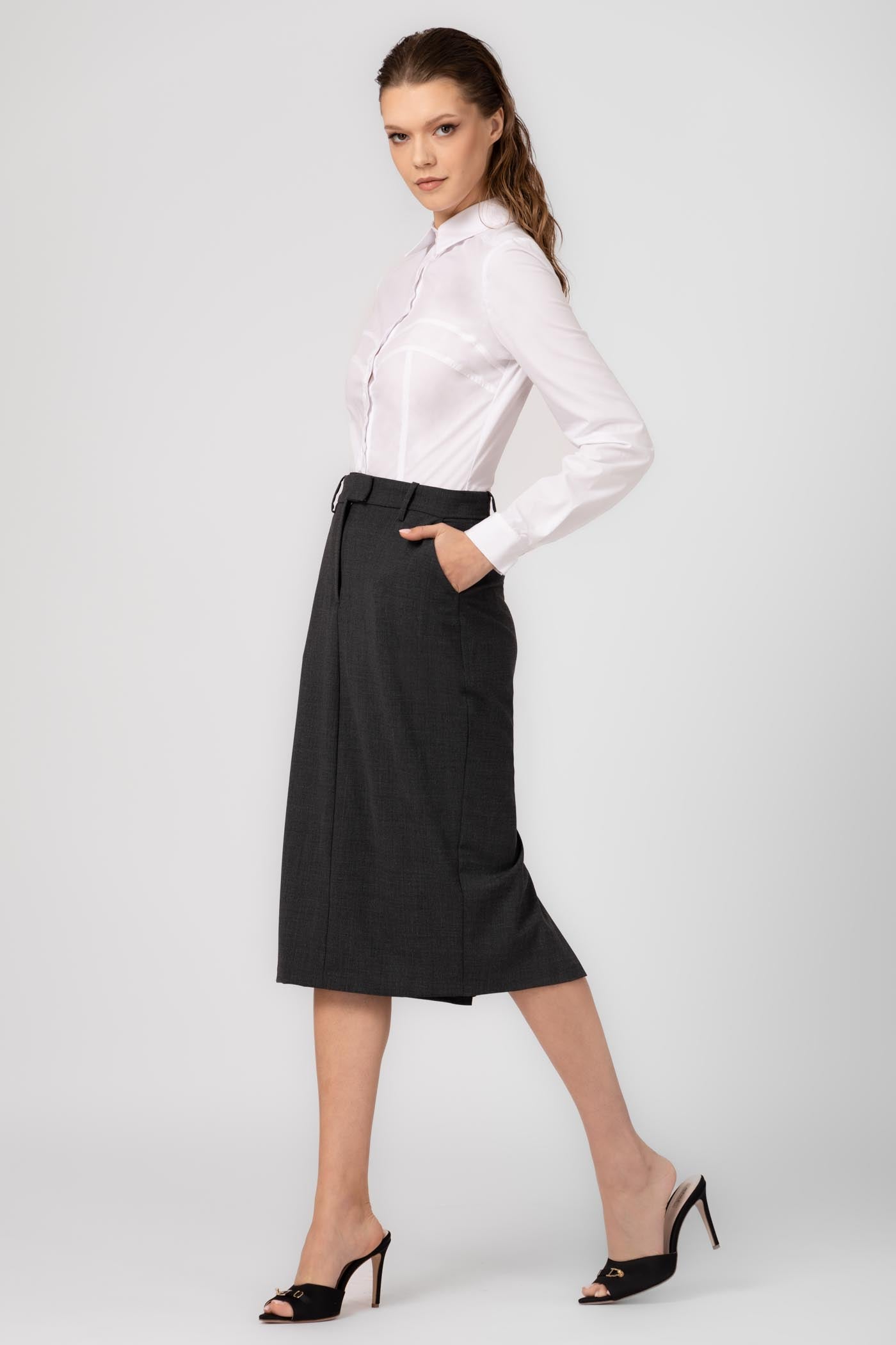 Fusta midi gri clasica din lana Formal