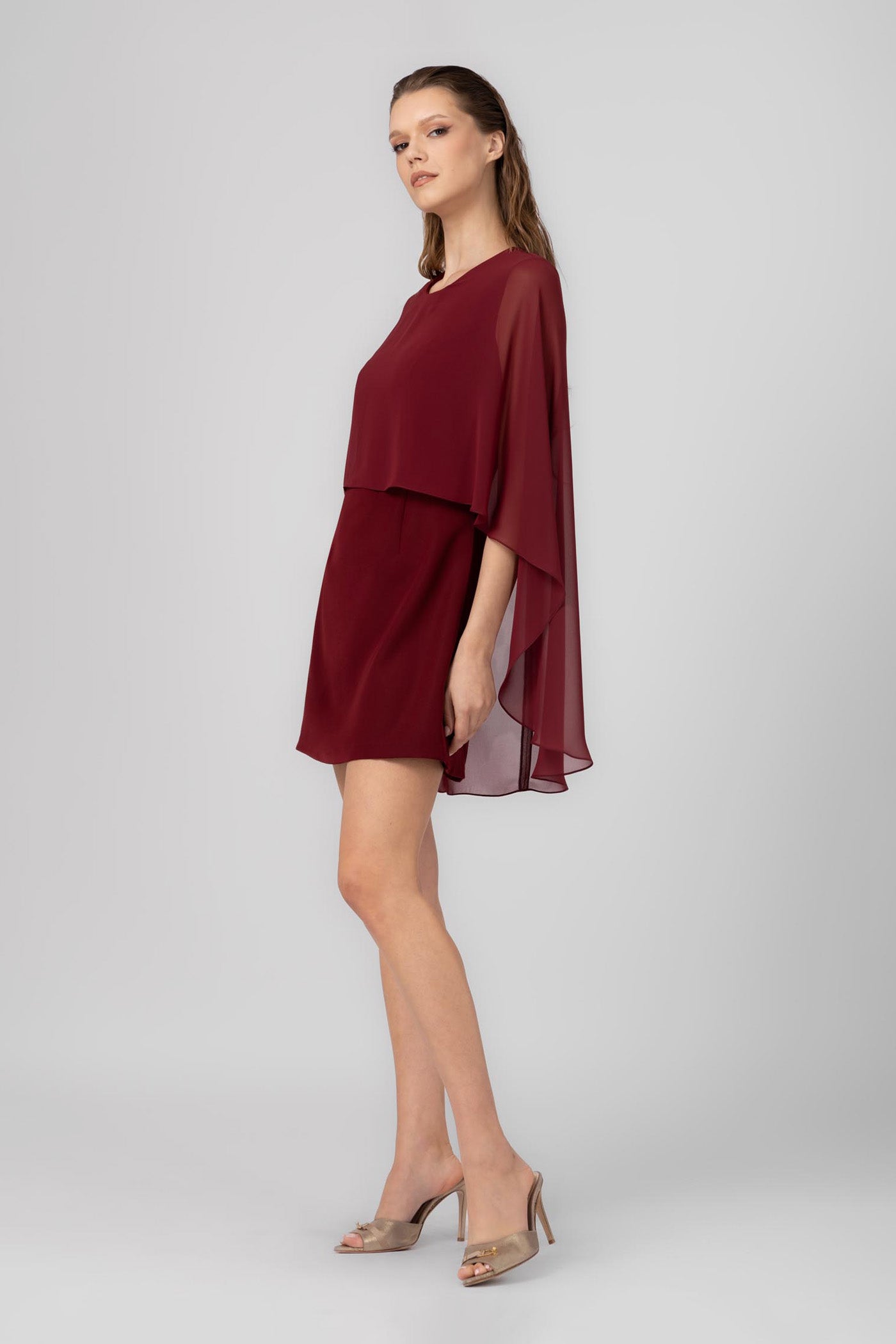 Dark red midi dress with Veil cape