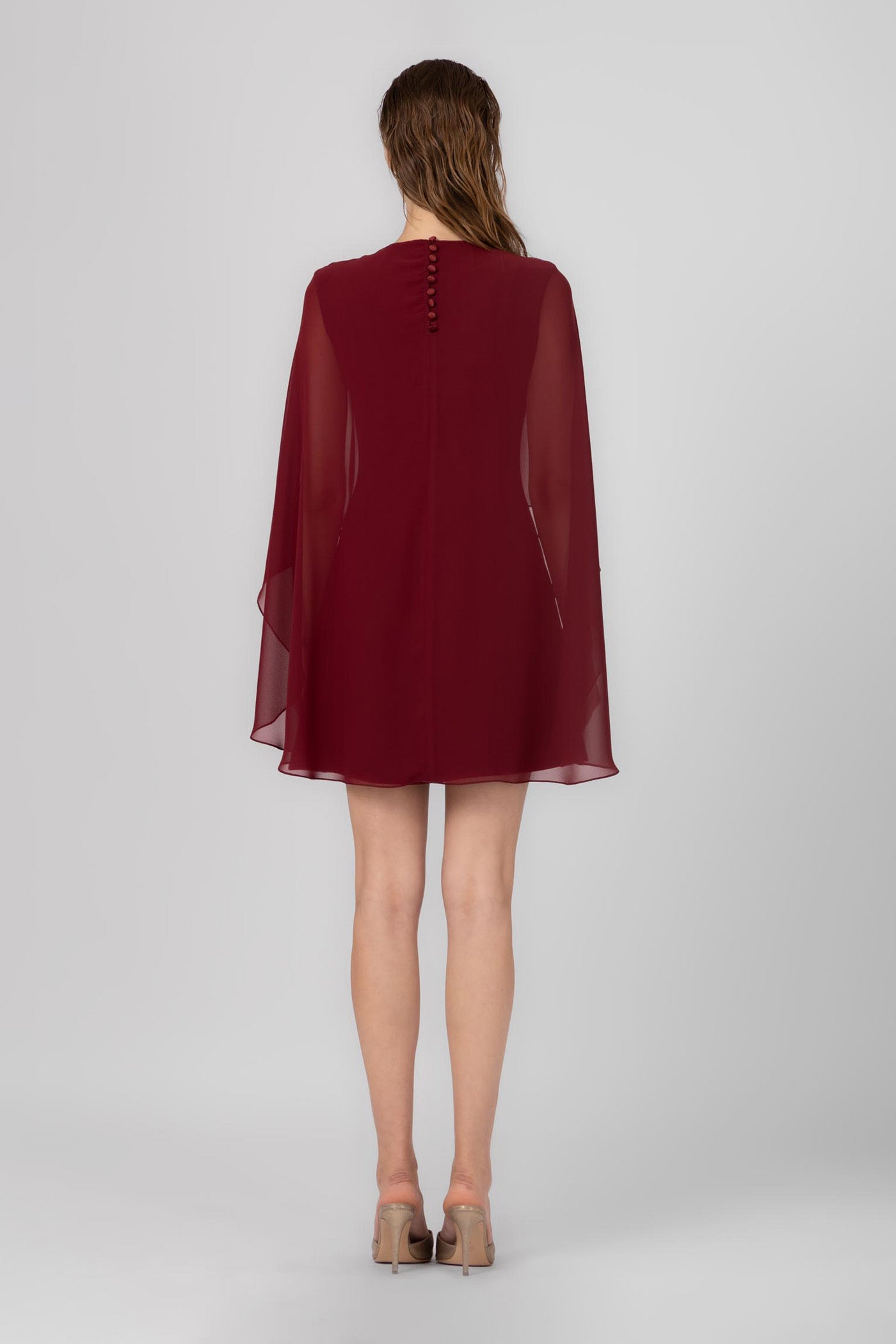 Dark red midi dress with Veil cape