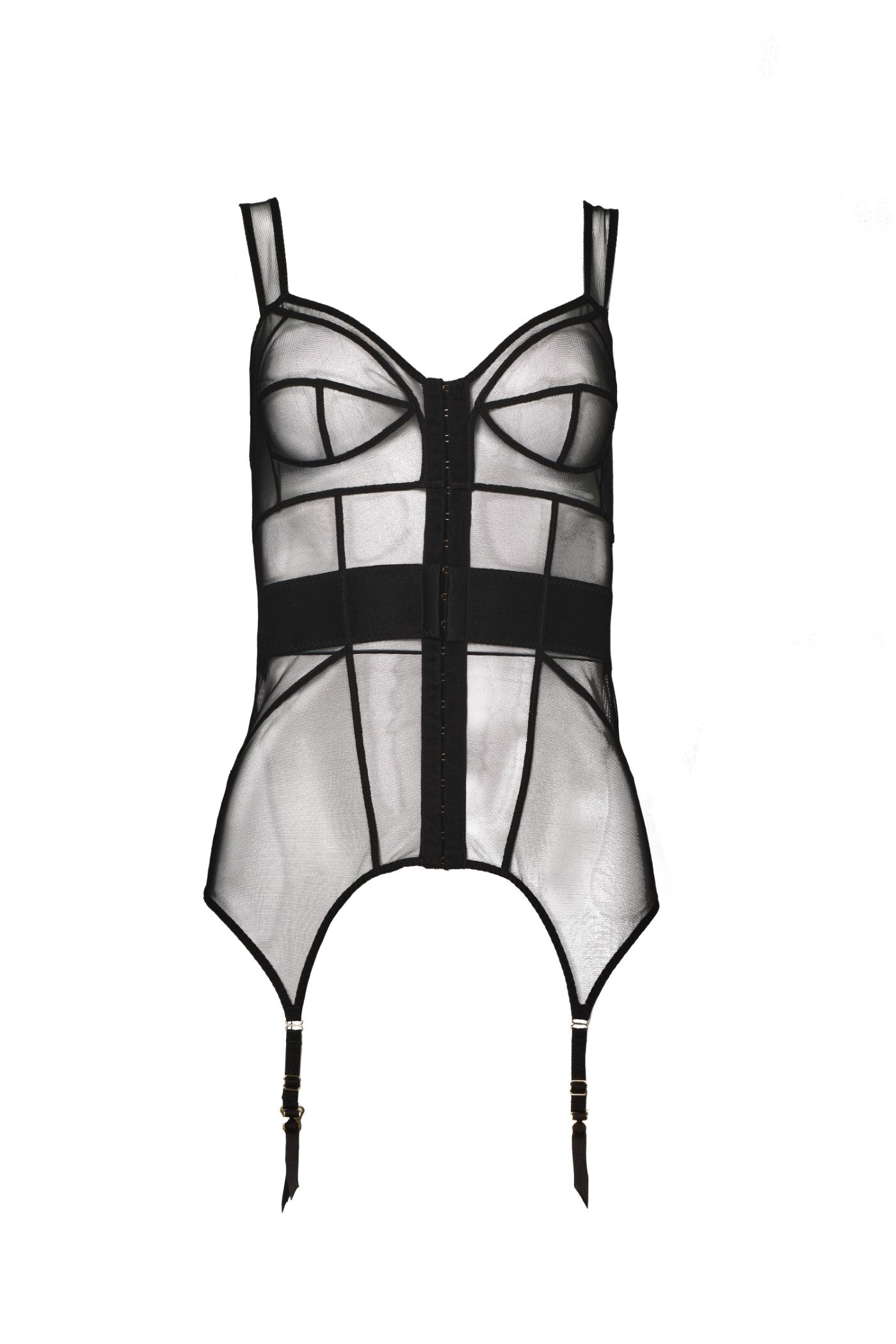 Corset negru din tul elastic transparent cu portjartiere reglabile Zest