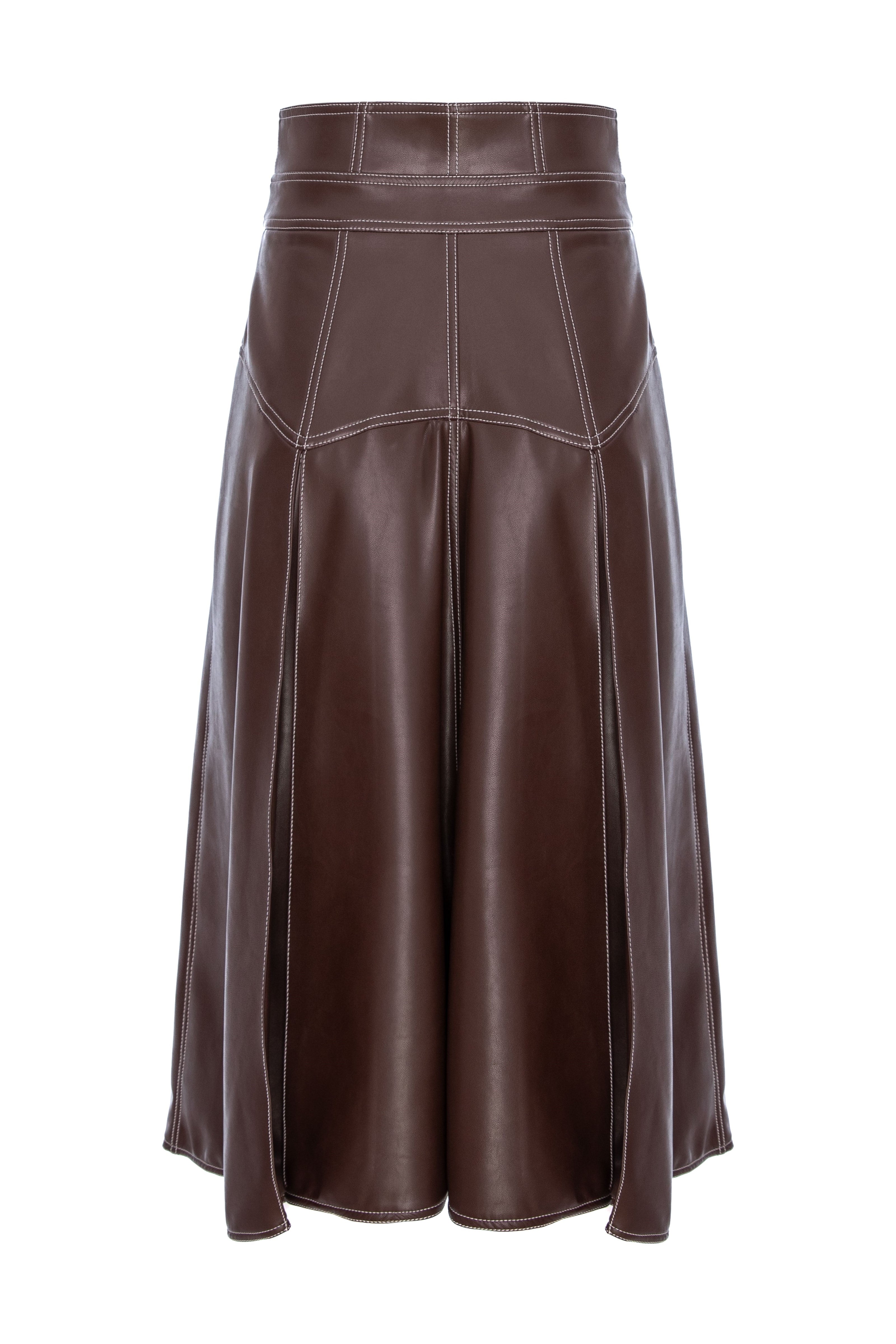 Underline Leather Skirt Brown