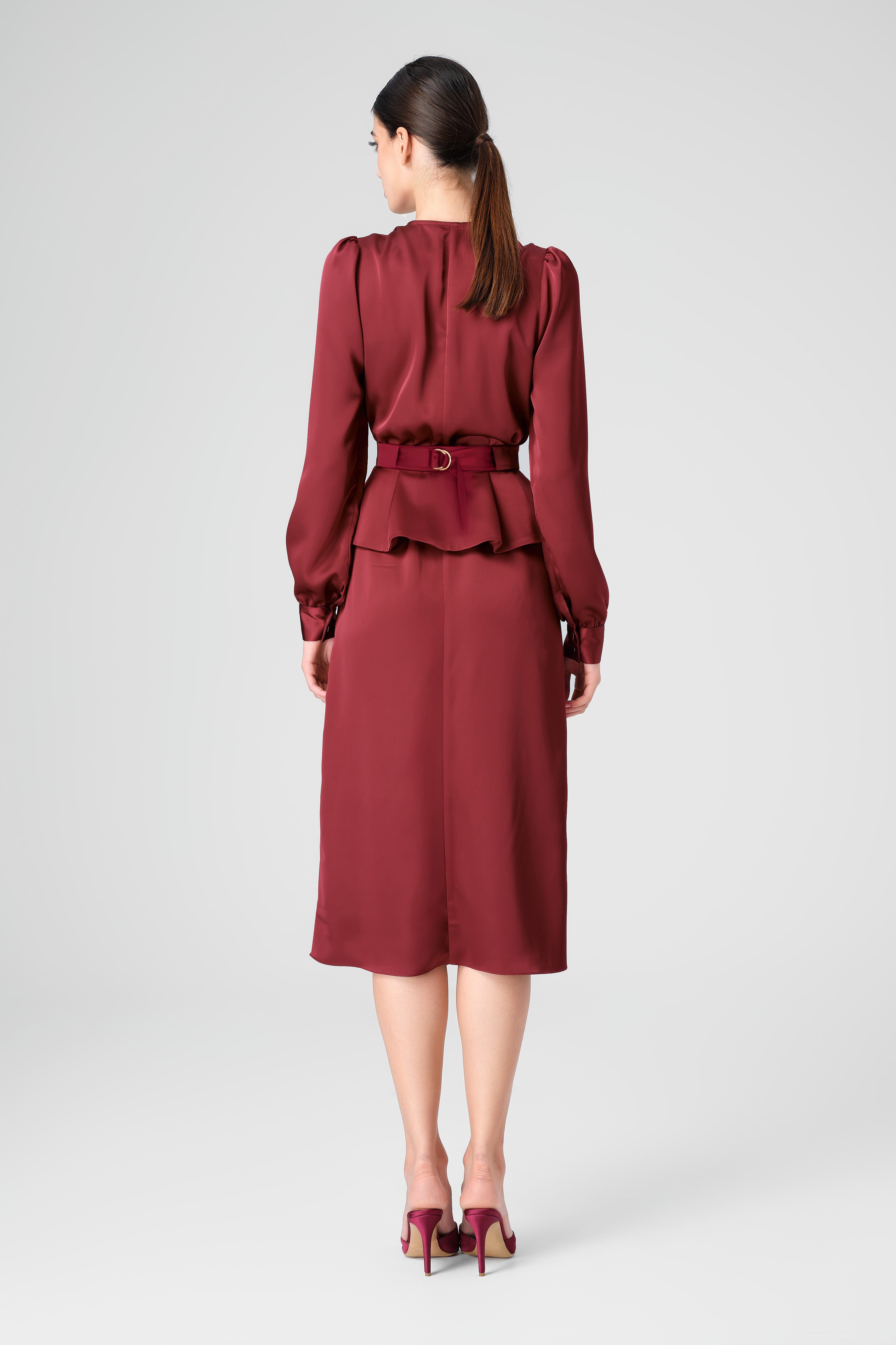 Rochie midi rosu burgund cu corset integrat Fold