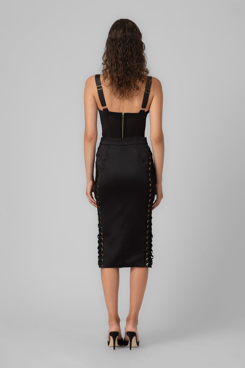 Fusta neagra mulata din satin cu insiretare Blackcherry