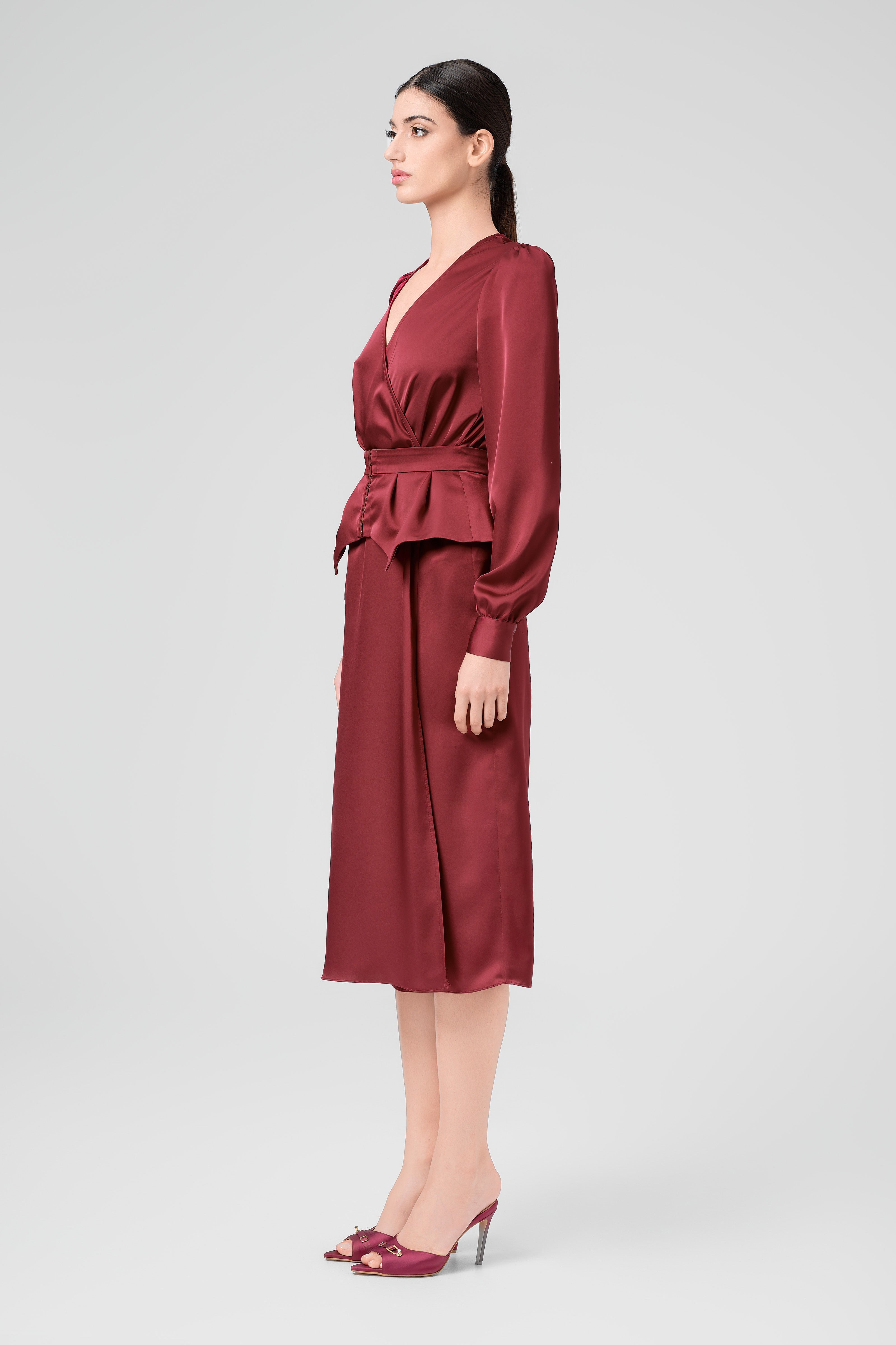 Rochie midi rosu burgund cu corset integrat Fold