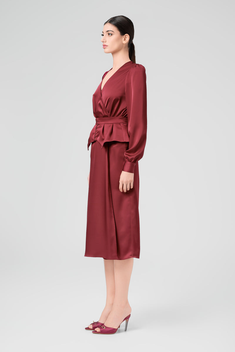 Rochie rosu burgund midi cu corset integrat Fold