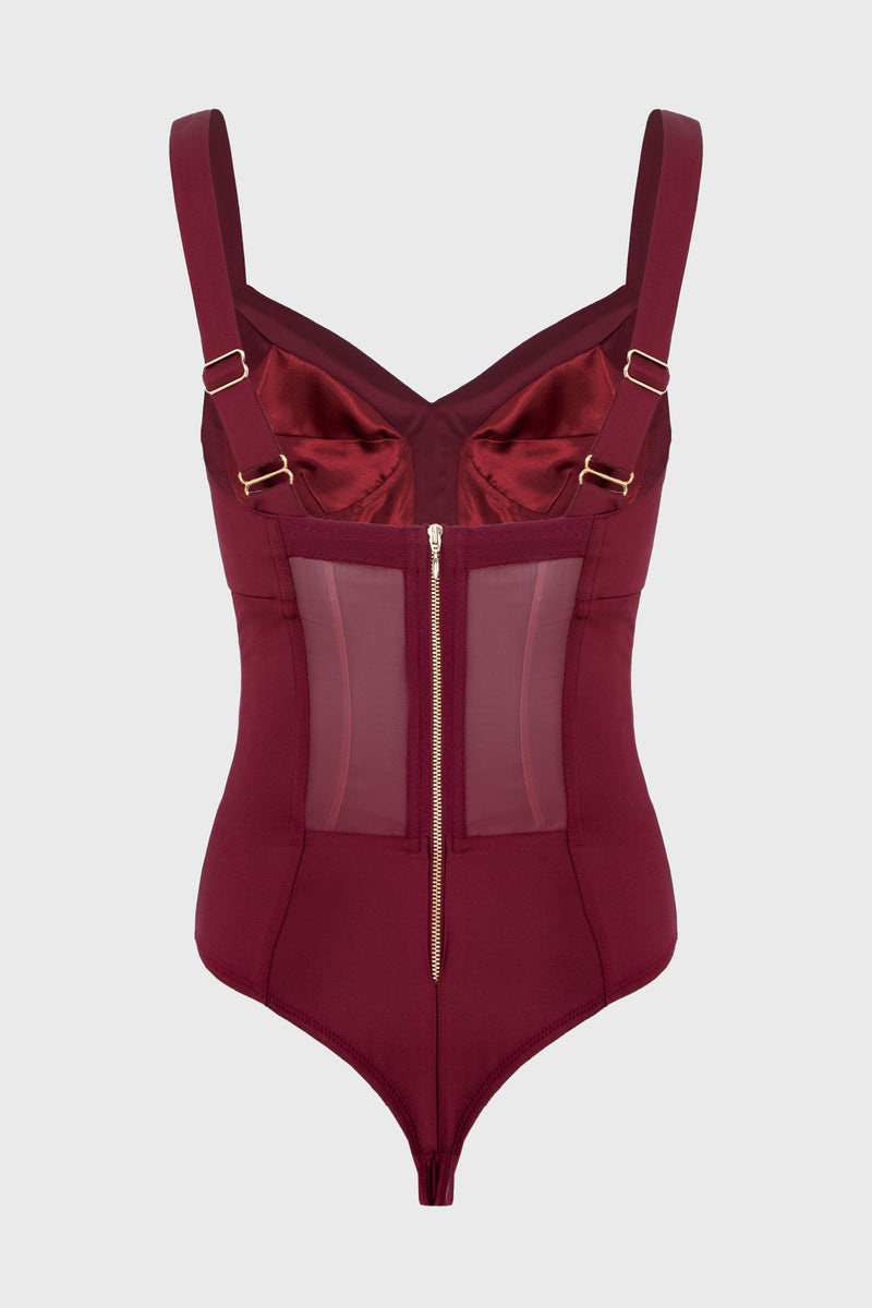 Body rosu burgund din satin elastic Sculpt