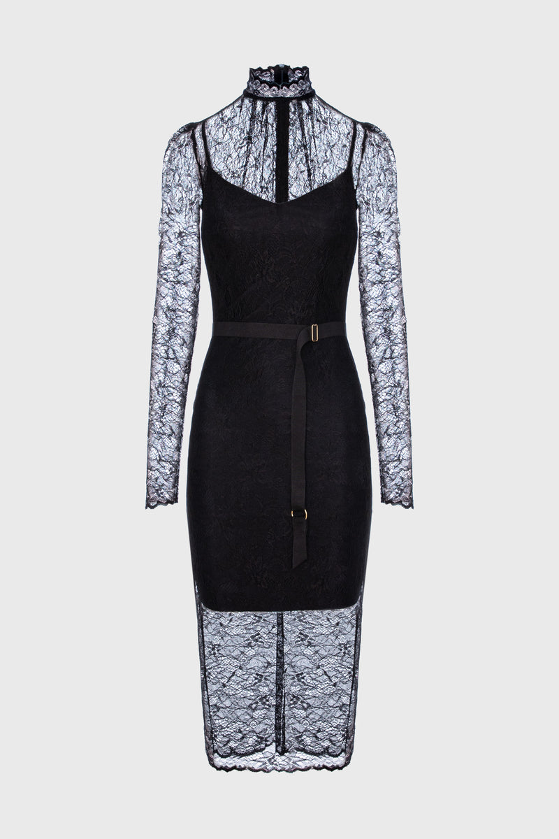Rochie neagra midi din dantela Mist