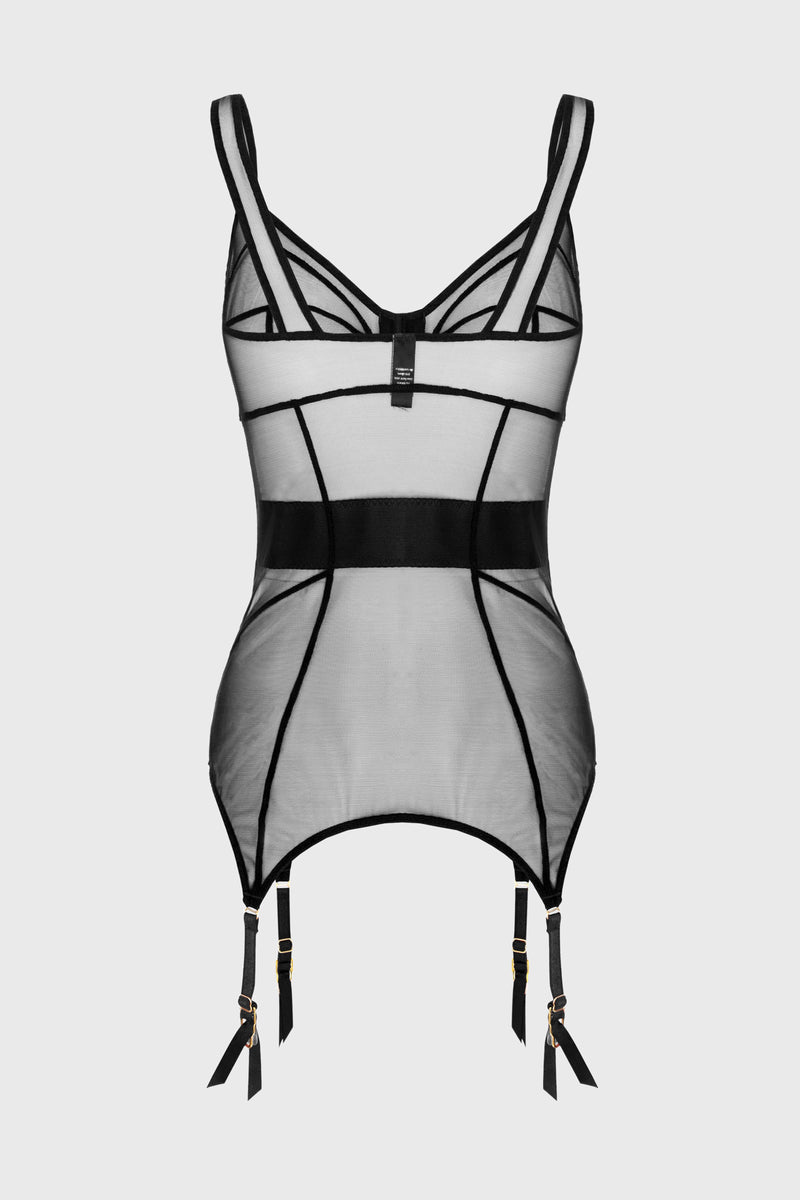 Corset negru din tul elastic cu portjartiere reglabile Zest