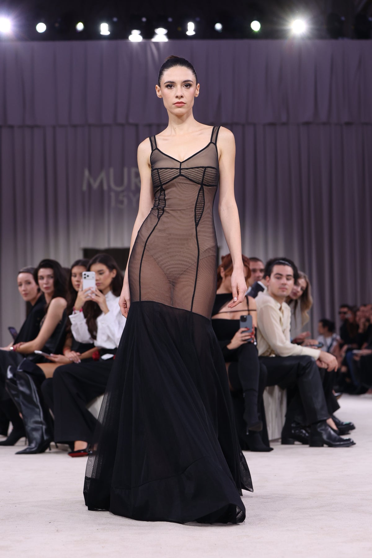 Tribute Haze sheer long dress with bodysuit and mesh underskirt