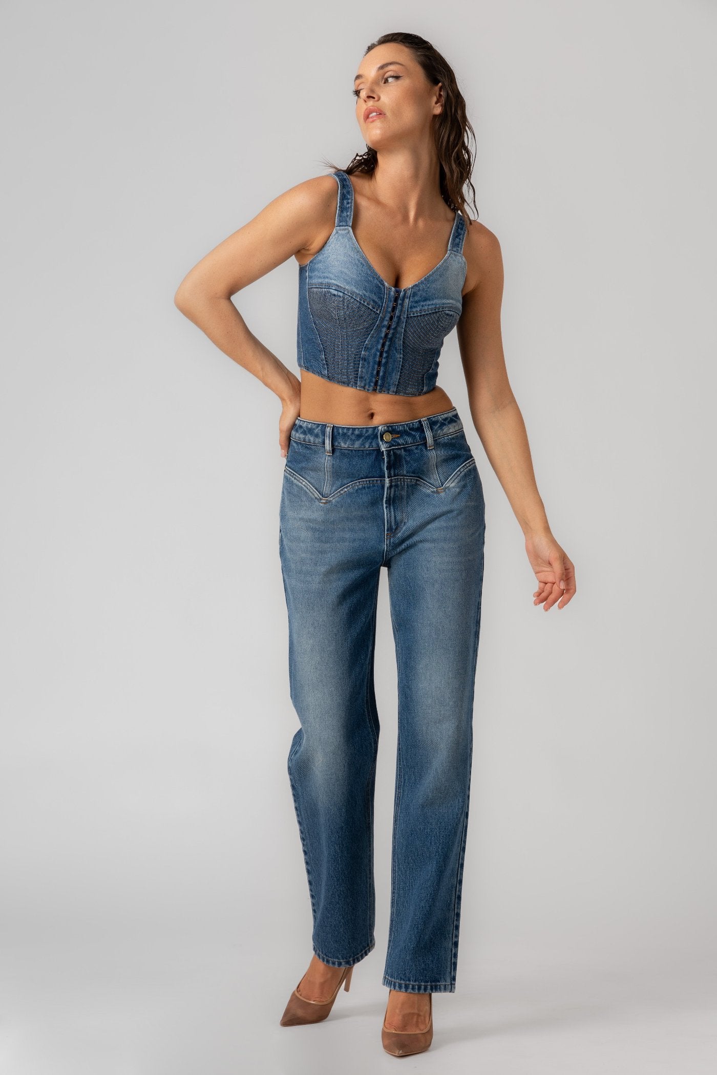 Top albastru din denim Corset