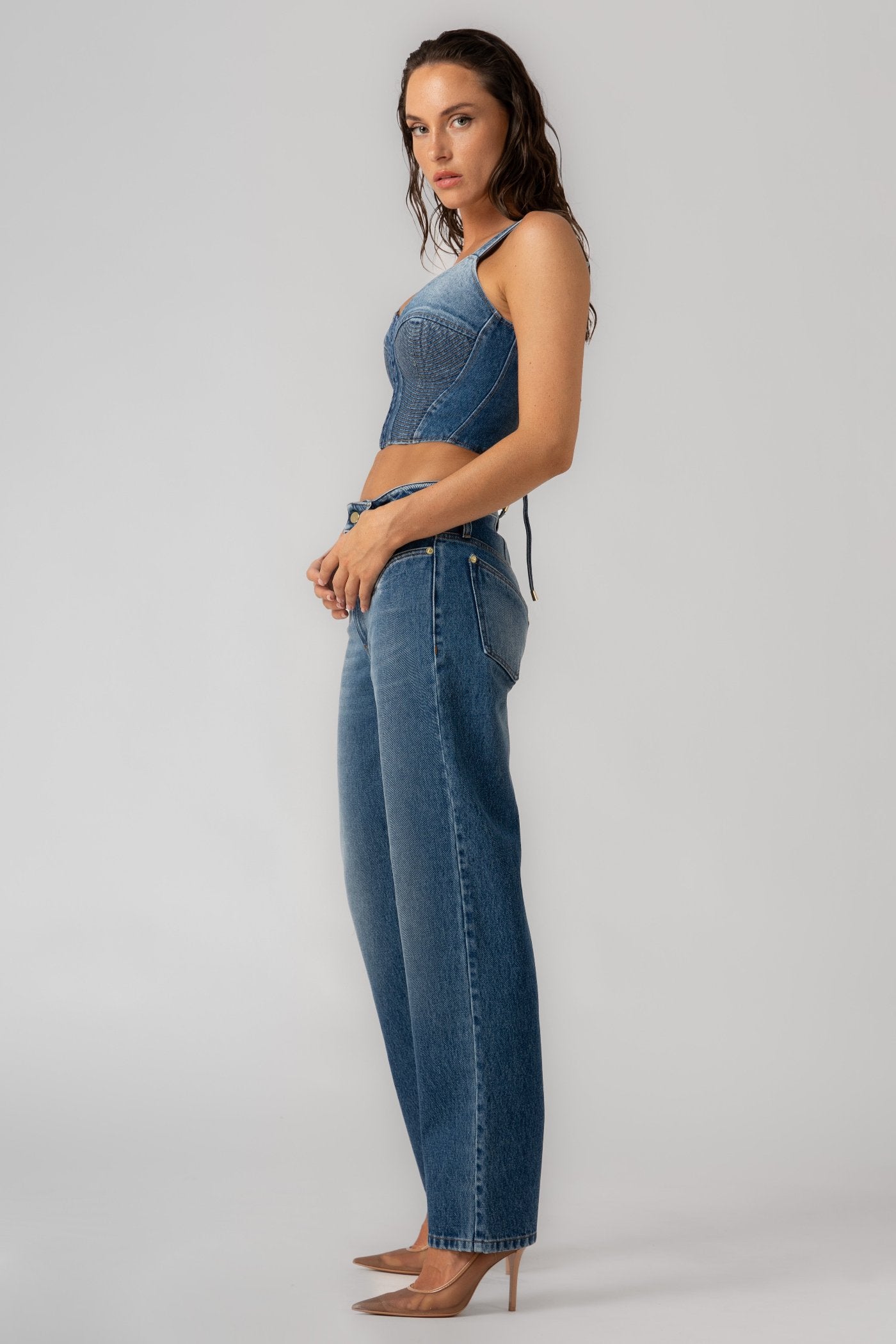 Top albastru din denim Corset