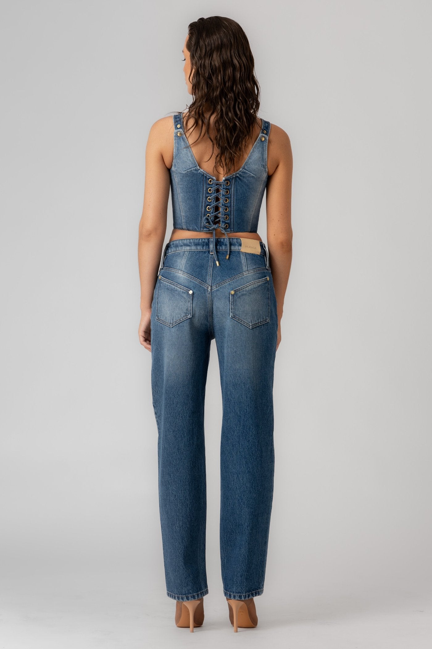 Top albastru din denim Corset