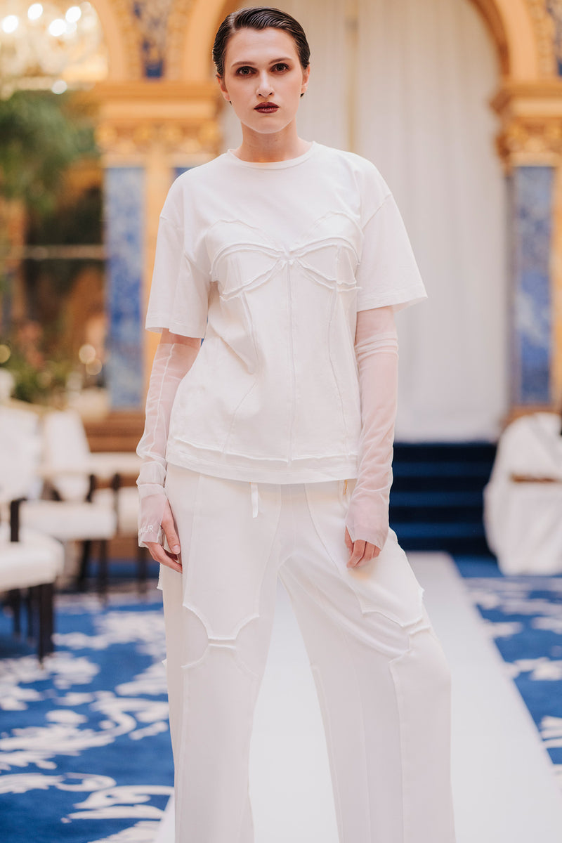Pantaloni albi din bumbac si modal Deconstructed