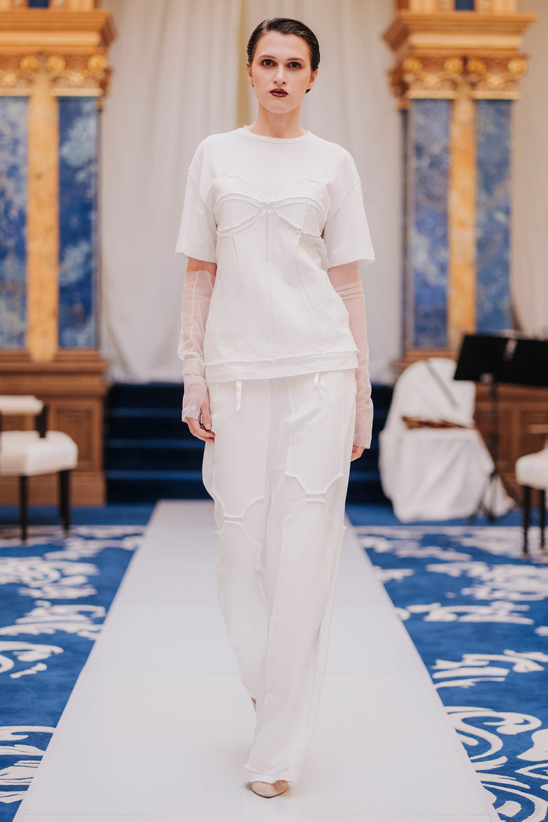 Pantaloni albi din bumbac si modal Deconstructed