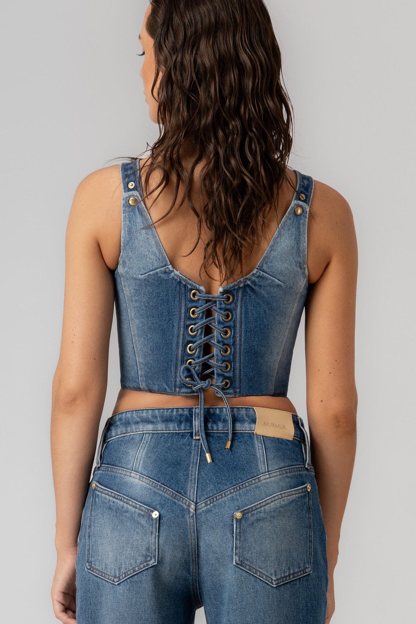 Top albastru din denim Corset