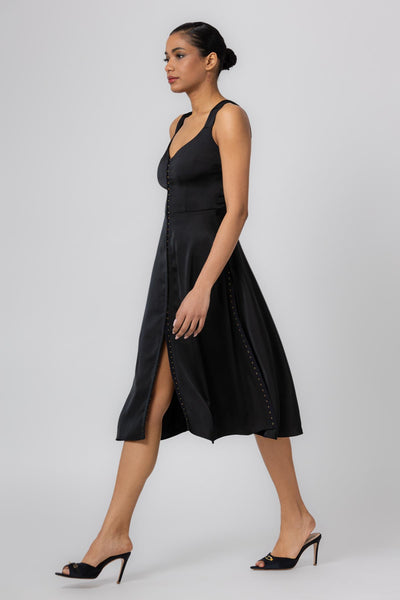 A-shape skin-sensitive midi satin dress with rows of hooks and eyes ...